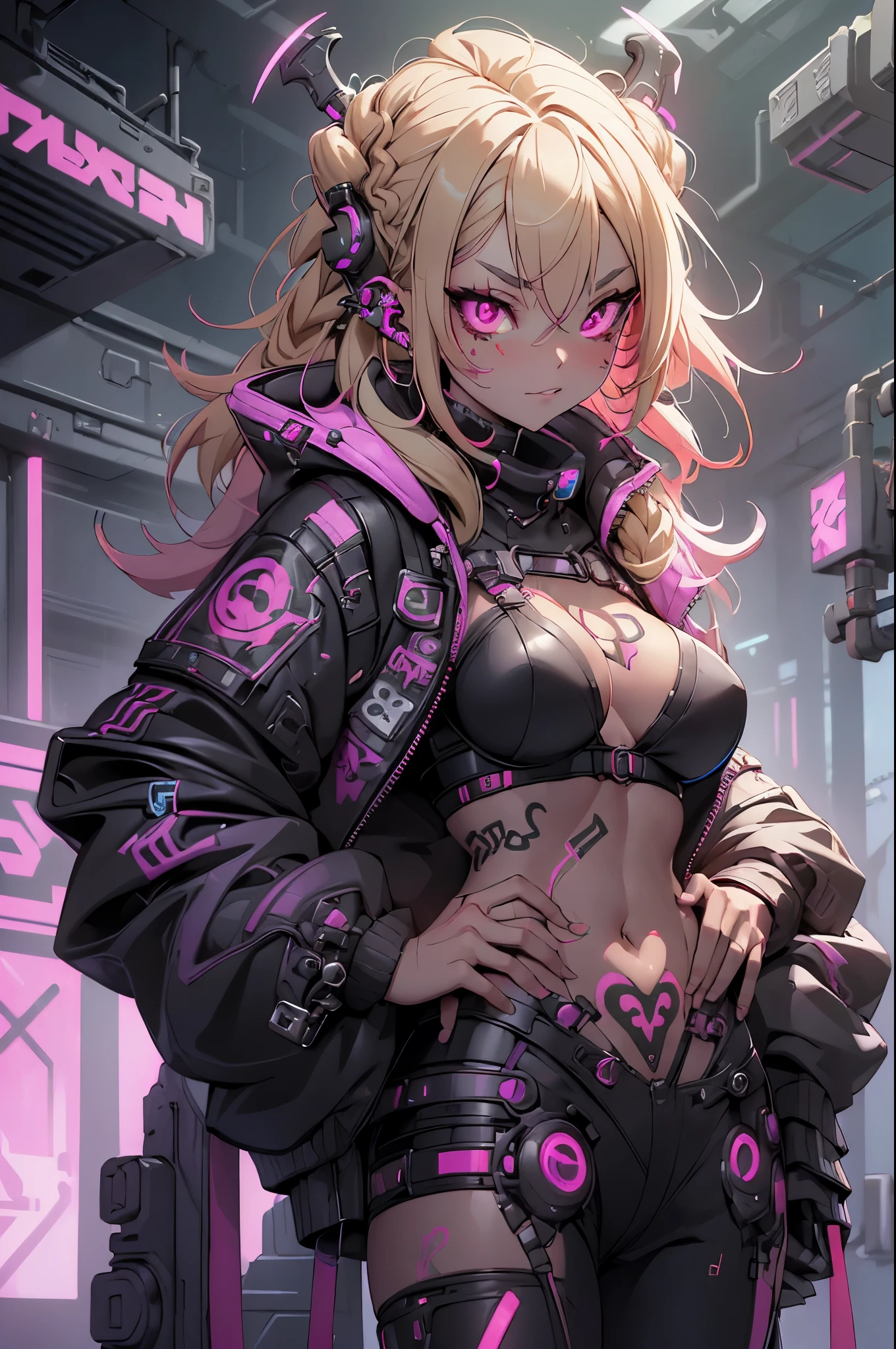 One girl, Rebecca (cyber punk),(( whole body:1.5)), alone, Blonde braids, glowing red eyes,Laugh fearlessly, Leg Tattoos, Neck Tattoo, Large Breasts, Black bra, String, Red pupils, Black jacket、cyber punkの背景、cyber punkの街:1.5))、Dynamic Angle、
