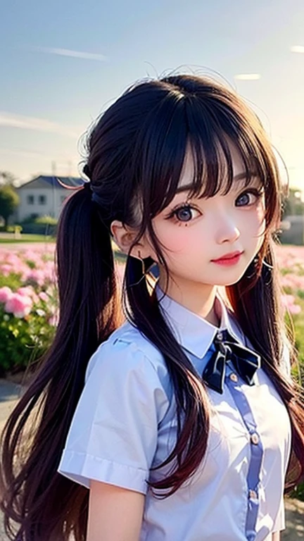 Small face、(highest quality, masterpiece), One girl, Twin tails、Pause, particle, Wind, flower, Upper Body, Simple Background, View your viewers, , Milky Way,smile、（red、purple、Mixed color long hair）、cute、Twin tails、blue sky、cherry blossoms、、Small Earrings、（Semi-transparent、green、sexy、See-through uniform）