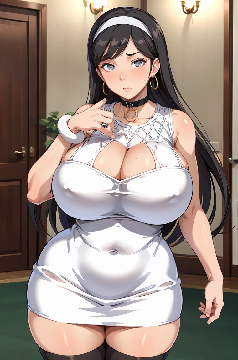 kumashiro maya, hairband, (white dress), bracelet, black thighhighs, makeup, mascara, 1girl, solo, black hair, (microdress), (golden), (bodycon), blush, eyeslashes,  fishnet stockings, (face focus), (handbag:0.8), (o-ring:1.2), choker, jewelry, necklace, waist cutout, 
BREAK masterpiece, best quality, glowing skin, mature figure, voluptuous body, shiny skin, mature women, gigantic hanging breasts, from the front, 