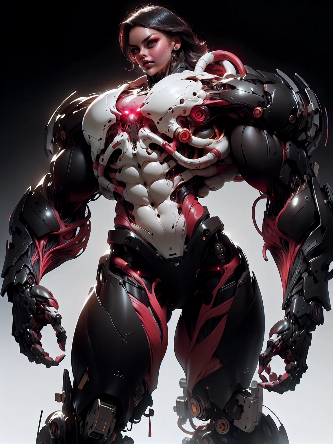 (1 girl), (cara delevingne), (muscular android girl wearing a black anatomic cybernetic muscle suit:1.25), (wide shoulders:1.25), (muscular defined physique:1.25), perfect hands, long hair, large breasts, looking at viewer, high resolution image, extreme detail, blank background