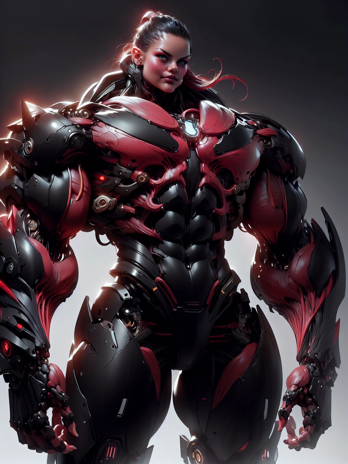 (1 girl), (cara delevingne), (muscular android girl wearing a black anatomic cybernetic muscle suit:1.25), (wide shoulders:1.25), (muscular defined physique:1.25), perfect hands, long hair, large breasts, looking at viewer, high resolution image, extreme detail, blank background