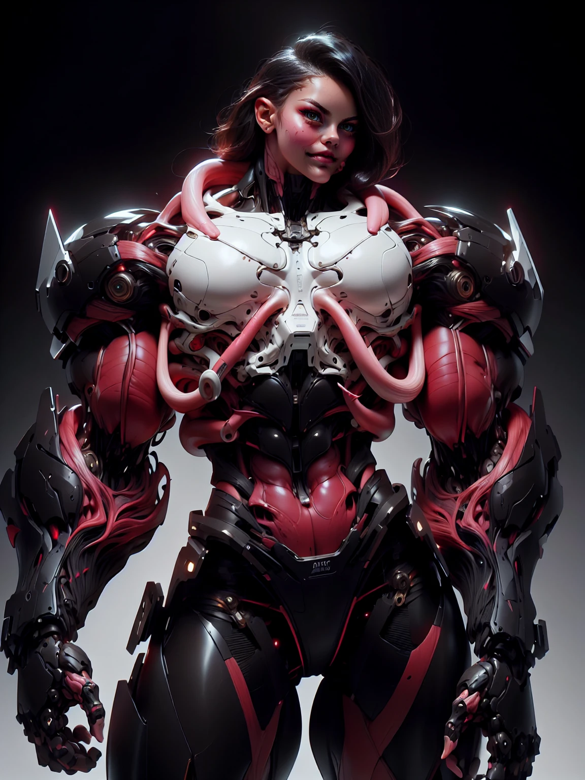 (1 girl), (cara delevingne), (muscular android girl wearing a black anatomic cybernetic muscle suit:1.25), (wide shoulders:1.25), (muscular defined physique:1.25), perfect hands, long hair, large breasts, looking at viewer, high resolution image, extreme detail, blank background