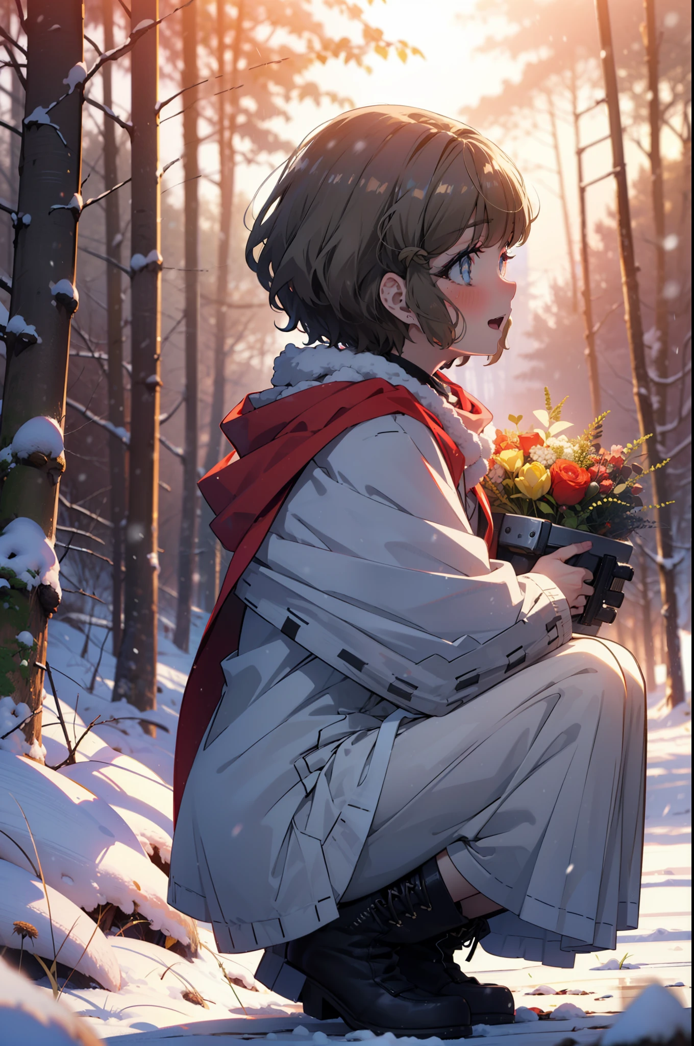 tomoekoga, Chie Koga, short hair, Brown Hair, blue eyes, hair band,smile,blush,White Breath,Medium chest,
Open your mouth,snow,Ground bonfire, Outdoor, boots, snowing, From the side, wood, suitcase, Cape, Blurred, having meal, forest, White handbag, nature,  Squat, Mouth closed, Cape, winter, Written boundary depth, Black shoes, red Cape break looking at viewer, Upper Body, whole body, break Outdoor, forest, nature, break (masterpiece:1.2), highest quality, High resolution, unity 8k wallpaper, (shape:0.8), (Beautiful and beautiful eyes:1.6), Highly detailed face, Perfect lighting, Extremely detailed CG, (Perfect hands, Perfect Anatomy),