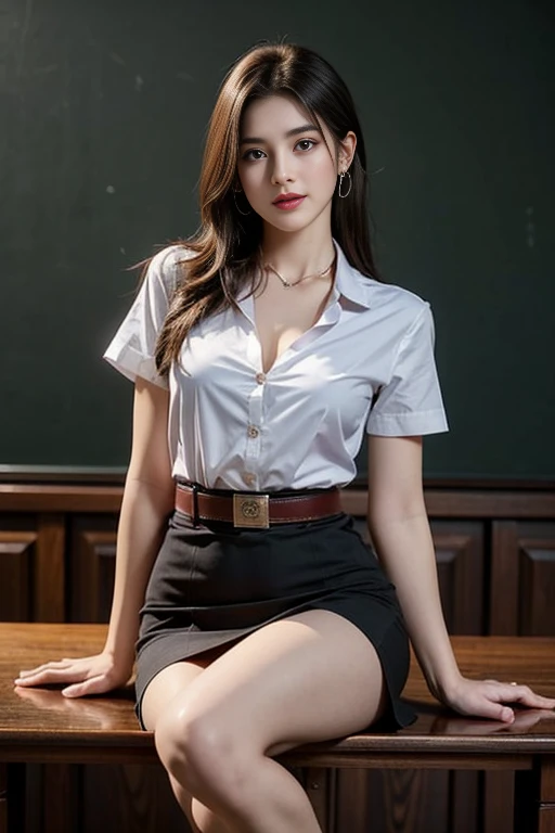 (8k high resolution), masterpiece, best quality, realistic ((medium bust)), hair in one eye, purple eyes, big hoop earrings, sharp eyes, diamond choker, red gemstone necklace, (symmetrical eyes), (perfectly symmetrical body), photo of a beautiful 20-year-old age girl, (fit figure), ((in the teacher's room)), (black miniskirt), mahalaiuniform, (( young woman wearing a shirt Tight white short sleeves, buttons unbuttoned, open chest)) ((short black pencil skirt Skirt with a deep slit in front of the legs)), Belt, Bob hair, long hair, side bangs, golden blonde hair, double eyelids, sharp eyeliner, blush eyeshadow with thick eyelashes. Very delicate and beautiful. Round chin. Sharp focus. Elegant. Fully seated on the study table. Turn your head with your legs open to eye level. Open your legs. Lift your right leg over your left leg. Let your legs open naturally. With legs slightly separated, dynamic pose,