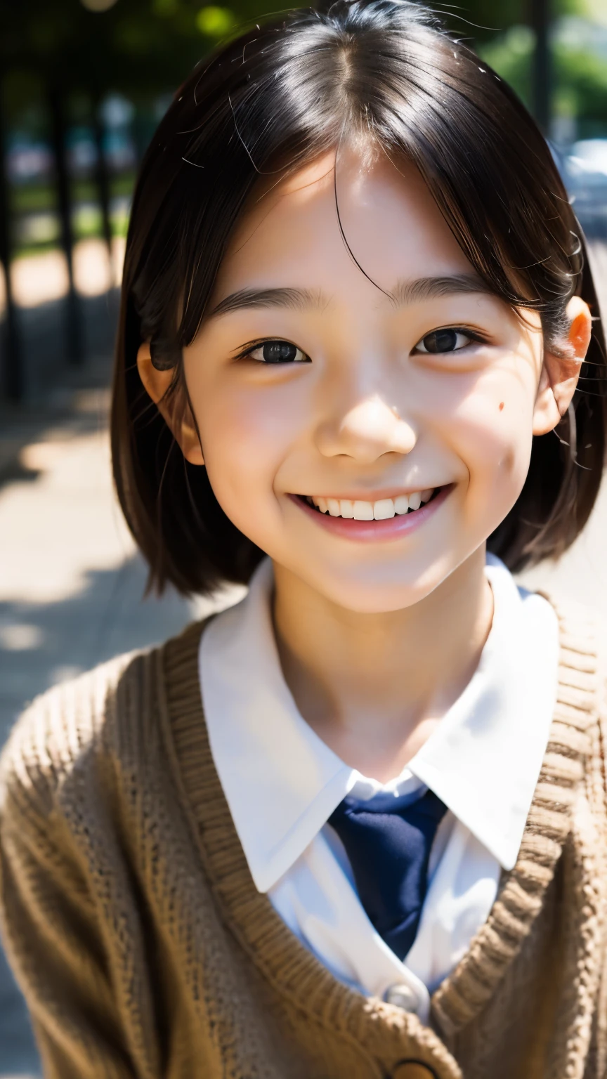 lens: 135mm f1.8, (highest quality),(RAW Photos), (Tabletop:1.1), (Beautiful 11 year old Japanese girl), Cute face, (Deeply chiseled face:0.7), (freckles:0.4), dappled sunlight, Dramatic lighting, (Japanese School Uniform), (On campus), shy, (Close-up shot:1.2), (smile),, (Sparkling eyes)、(sunlight)