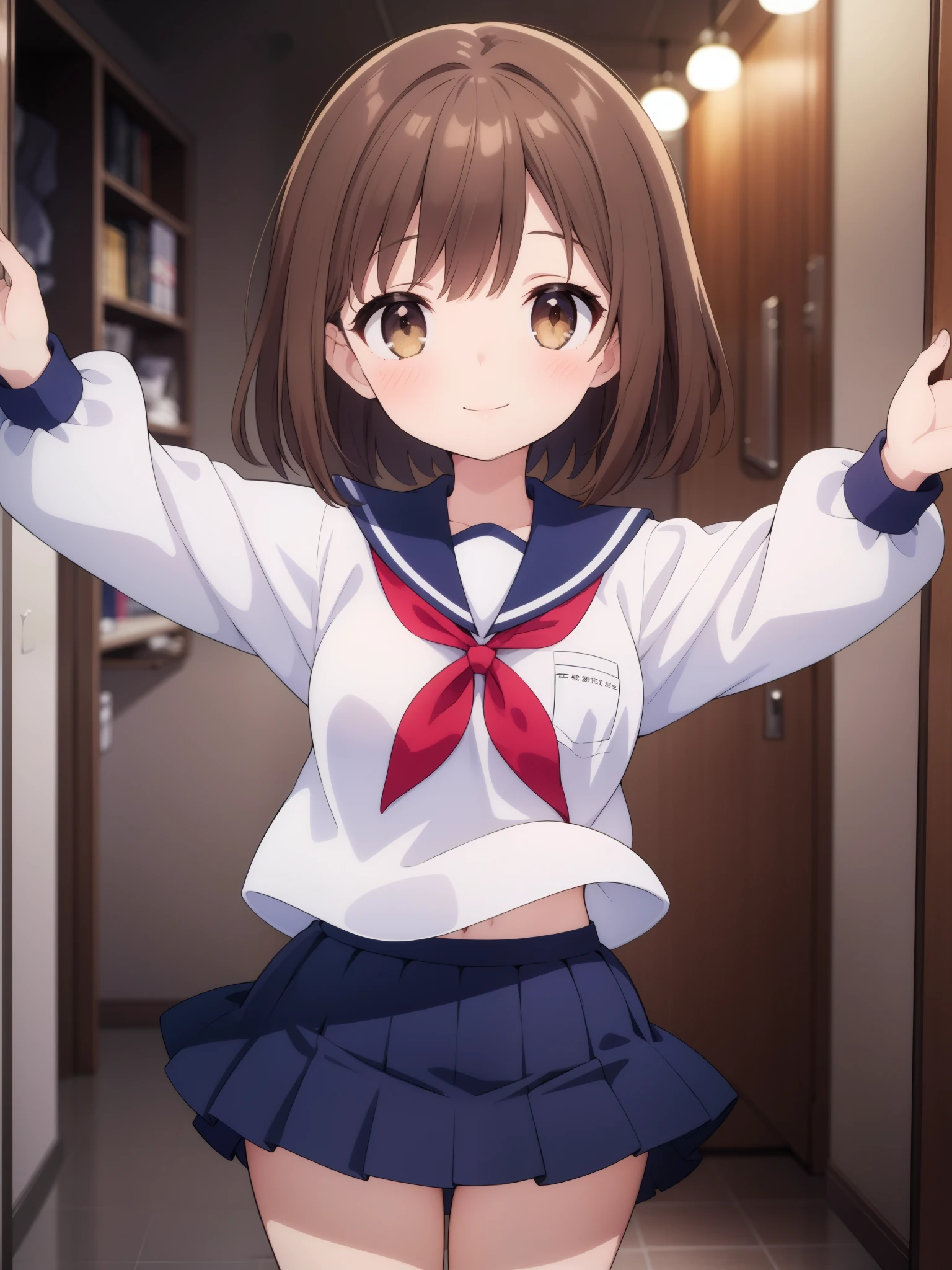 transparent_background, rating:safe, 1girl, solo, skirt, school_uniform, looking_at_viewer, smile, pleated_skirt, short_hair, brown_hair, blue_skirt, cowboy_shot, shirt, brown_eyes, serafuku, holding, long_sleeves, miniskirt, white_shirt, , standing, medium_breastsbody, holding_arm