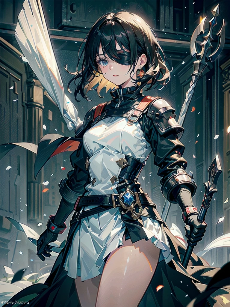whole body, absurdres, RAW photo, extremely delicate and beautiful, masterpiece, Best Quality, ultra high resolution, 32k, hyperrealistic, ultra-detailed, detailed description, pale skin, 20 years old, detailed beautiful face and eyes, tearful mole, earring, Colossal tits, short medium hair, wavy hair, holy paladin, spear, dark Heavy armor, blindfold,