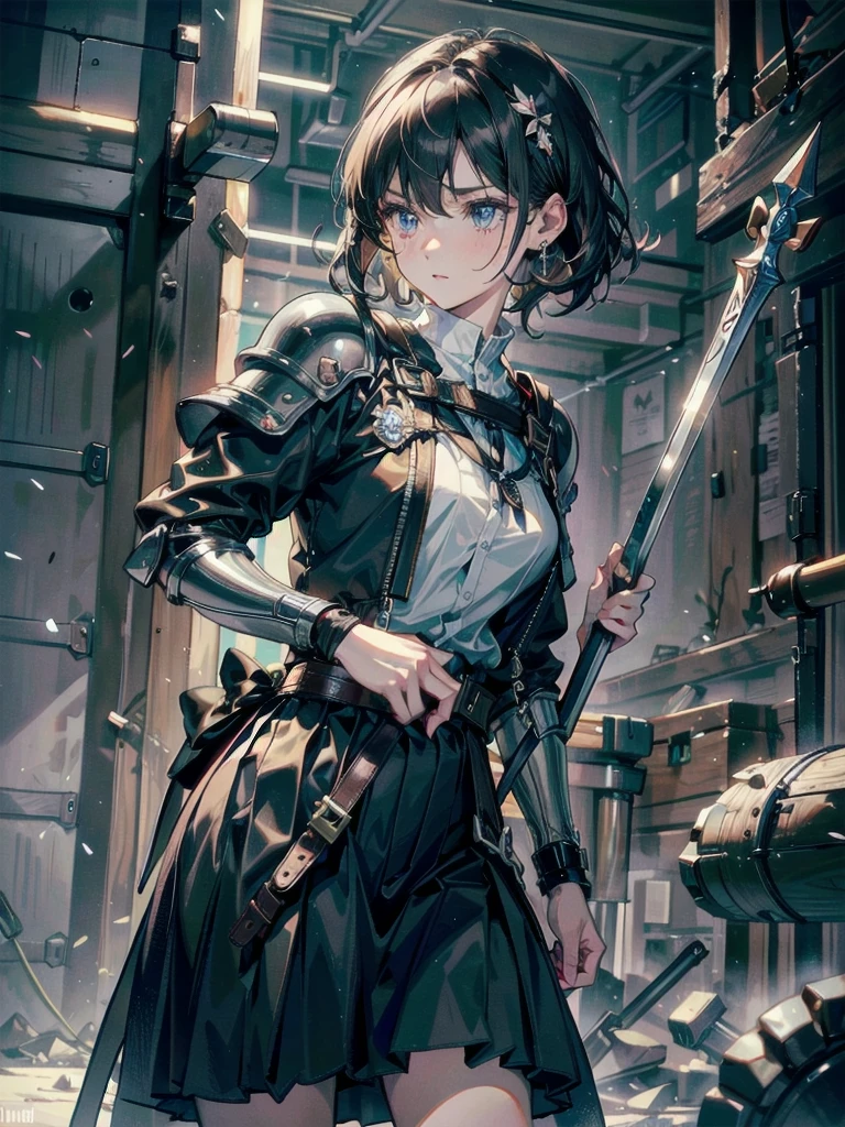 whole body, absurdres, RAW photo, extremely delicate and beautiful, masterpiece, Best Quality, ultra high resolution, 32k, hyperrealistic, ultra-detailed, detailed description, pale skin, 20 years old, detailed beautiful face and eyes, tearful mole, earring, Colossal tits, short medium hair, wavy hair, holy paladin, spear, dark Heavy armor, blindfold,