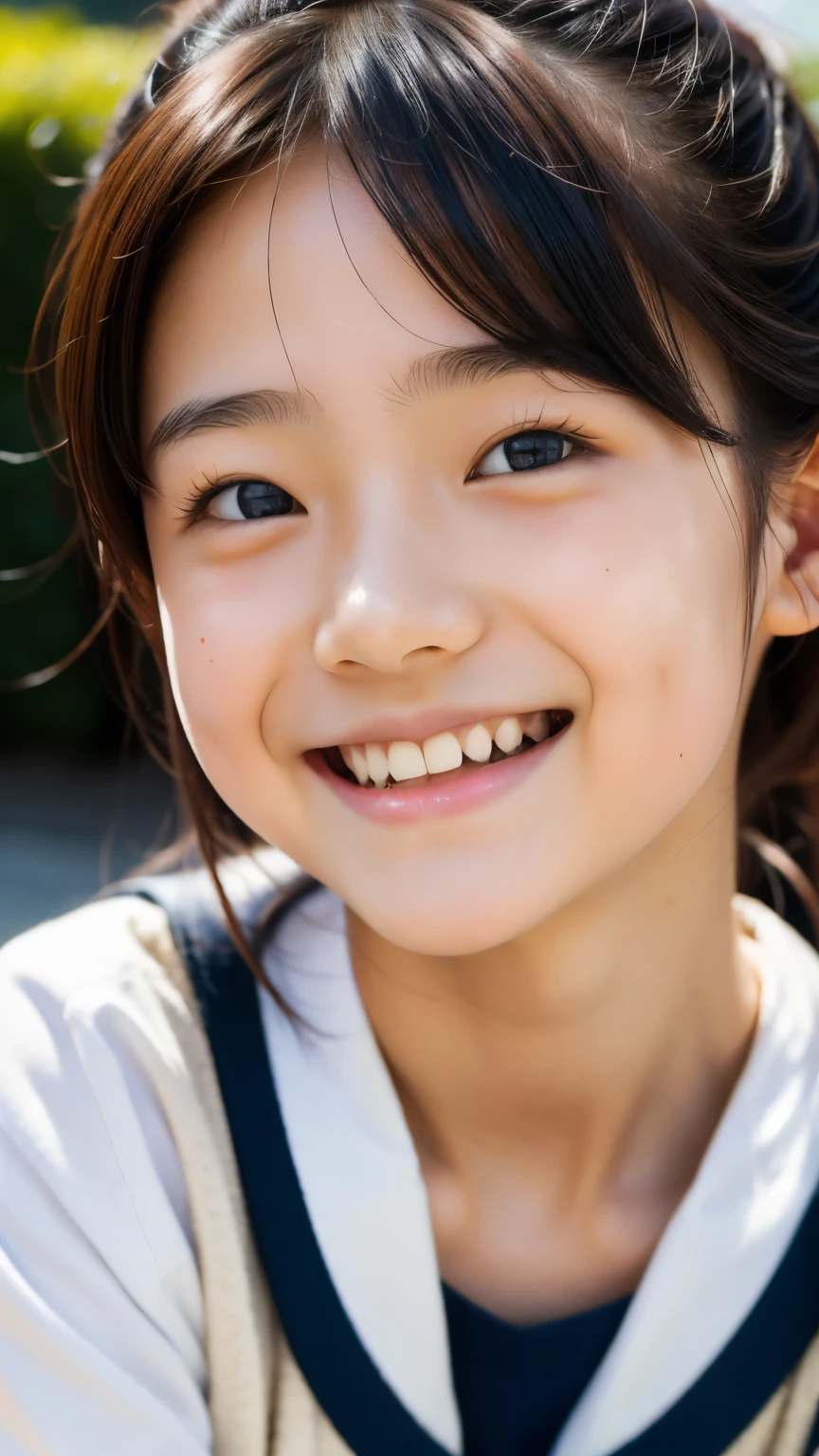 lens: 135mm f1.8, (highest quality),(RAW Photos), (Tabletop:1.1), (Beautiful 11 year old Japanese girl), Cute face, (Deeply chiseled face:0.7), (freckles:0.4), dappled sunlight, Dramatic lighting, (Japanese School Uniform), (On campus), shy, (Close-up shot:1.2), (smile),, (Sparkling eyes)、(sunlight)