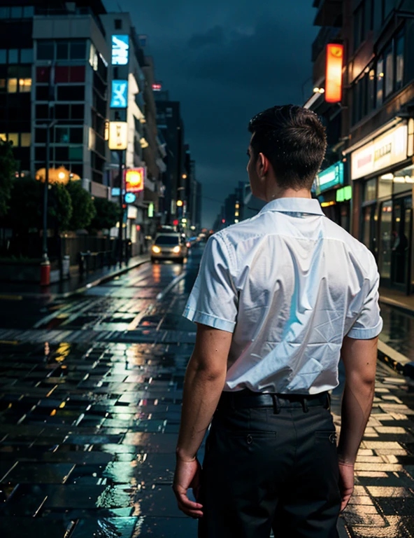 (8k, original photo, best quality, masterpiece:1.2), (Practical, photo-Practical:1.37),man,Back,city View, night, rain, wet, Professional lighting, Photon Mapping, Radiosity, ,Tear ,shirt,neon lights