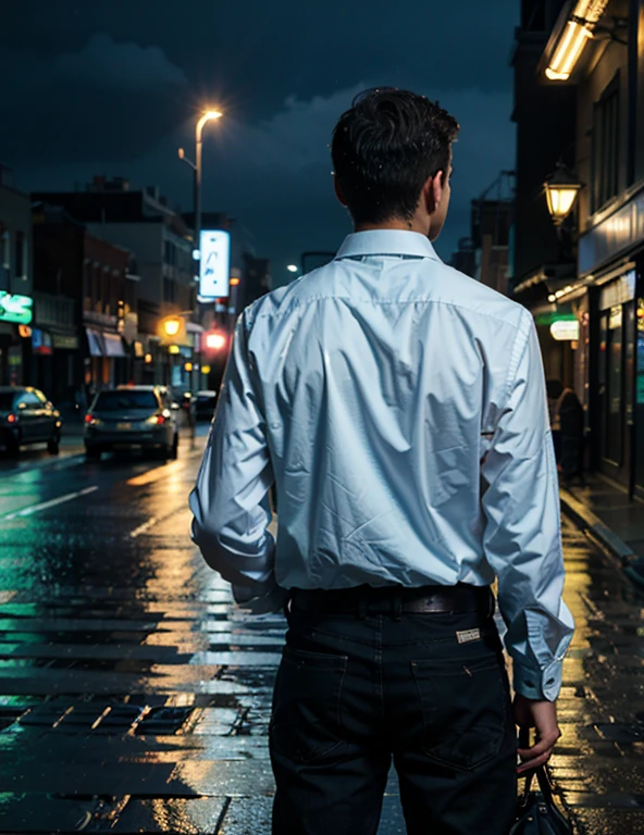 (8k, original photo, best quality, masterpiece:1.2), (Practical, photo-Practical:1.37),man,Back,city View, night, rain, wet, Professional lighting, Photon Mapping, Radiosity, ,Tear ,shirt,neon lights