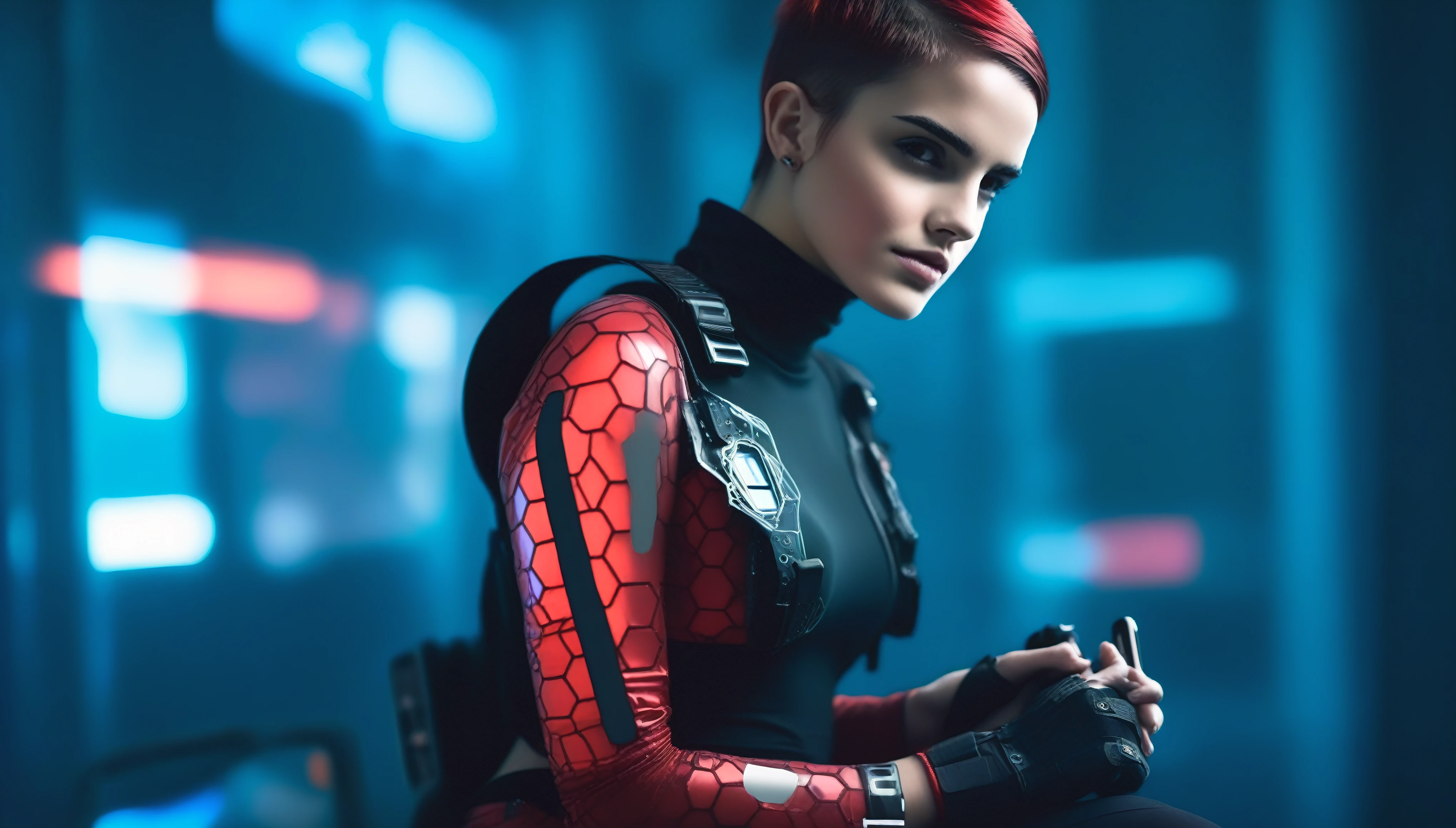 Two young female hackers sitting in a cyberpunk hackerspace with large windows in a cyberpunk metropolis facing the viewer, right arm resting on her waist, left arm held forward holding a cyberdeck with a transparent screen, short silverwhite undercut haircut, immaculate skin, thoughtful look on her face, sweat on her skin, full lips, small breasts, legs crossed, fullbody black and red skintight cyberpunk underarmor with intricate hexagon pattern, synthetic utility vest with attached wearable computer, black leather utility belt with multimeter and some probes attached, thigh high black latex boots, cutoff gloves, no makeup, natural fingernails, emma watson, edgFut_clothing, neons, electric circuits