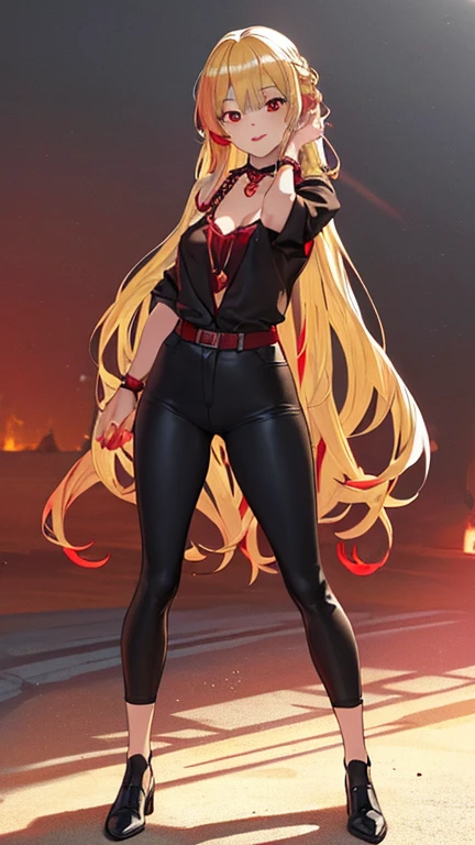 Beautiful anime girl, solo, 1girl, looking at viewer, cute, beautiful, red eyes, long hair, open hair, blonde hair, braided hair, smiling, smooth skin, light skin, red lips, anime, best quality, masterpiece, extremely detailed, 4k, red eyes, beautiful red eyes, detailed face, detailed eyes, golden necklace, golden earings, standing, extremely beautiful, highres, high quality eyes, hair covering one eye, ((masterpiece)), (best quality), (extremely detailed), depth of field, sketch, dark intense shadows, sharp focus, soft lighting, hdr, colorful, good composition, spectacular, anime screencap, (Highest quality illustrations:1.2), (Kawaii Girl:1.1), (1girl in, solo:1.5), One pose、Neat and clean image、ultradetailed eyes:1.2), ((red-eyed、Blonde hair:1.5))、hair wavy、curlyhair, hair wavy、BREAK(top-quality、ultra-detailliert、highly detailed and beautiful、超A high resolution、Detailed arm:1.2)、a closeup、bustup, Wink, normal sized breasts, ocean beach background, pirate, high quality jewelry, full body, black shirt, open red coat, black pants,