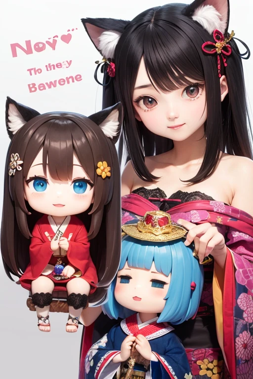 Oiran, 2 heads, There are also dolls with cat ears.., Anime Girls, eyes in the style of Nendoroid, Nendoroid eyes, style as Nendoroid, water color Nendoroid, Nendoroid, Nendoroid 3 d, Nendoroid, Oiran, She is very, Expressive Face, an anime Nendoroid of karl marx
