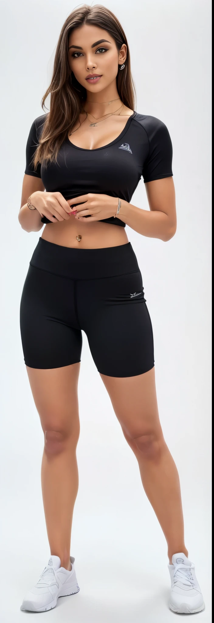 uma mulher de top preto e shorts posando para uma foto, Corte Yoga Curto, shorts pretos, shorts pretos de , wearing shorts pretos, Athletic shorts, pernas tonificadas, sexy shorts pretos, In shorts, shorts de meninots esportivos, mulher baixa e robusta, coxas focus, coxas, blusa preta justa e shorts, shorts de saque, visible legs, pernas grossas