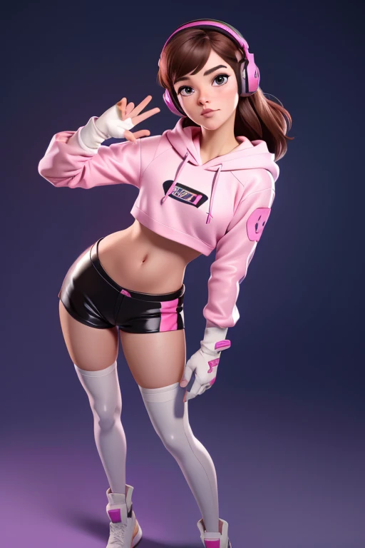 Masterpiece, Best Quality, High Resolution, 1Girl, Ultra High Resolution, Solo D.VA, Headphones, Pink eyes, Brown Hair, White Gloves, Face Decoration, looking at viewer, Full Body Shot, Cute, Realistic, Cute Pose, Perfect Body, Cyber Punk background, wet street, Crop Top Hoodie, Latex panties, open legs, sexy pose, cameltoe, nsfw
