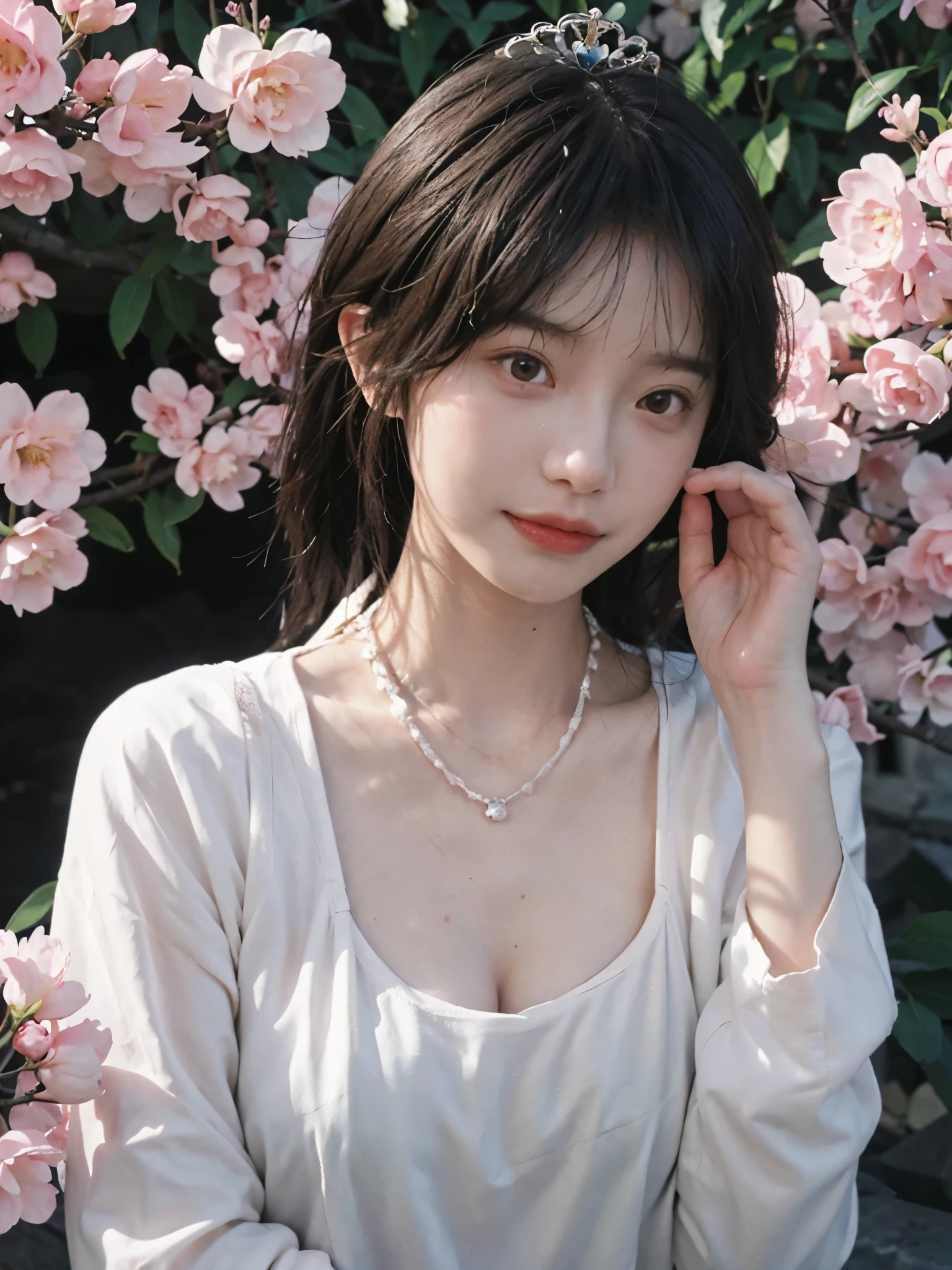 best quality， ultra high resolution， （realistically：1.4）， Cute tiara，Baoyu Girl， A pair of clear and charming peach blossom eyes,Royal sister，The sun shines on the face，Double tail，（in the cherry blossom tree：1.4），（necklace：1.2），（White skin：1.4），（Full body female love：1.2）a sense of atmosphere，a beautiful girl，Looking directly at the viewer， Close-up cleavage ，(lifelike:1.4),2 girls,Sexy,(Upper body:1.4),(wet),(:1.2)