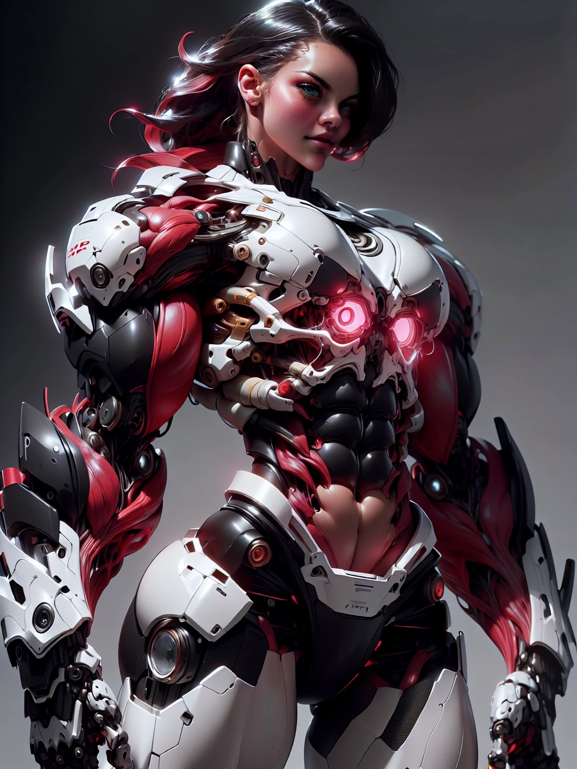 (1 girl), (cara delevingne), (muscular android girl wearing a black anatomic cybernetic muscle suit:1.25), (wide shoulders:1.25), (muscular defined physique:1.25), perfect hands, long hair, large breasts, looking at viewer, high resolution image, extreme detail, blank background