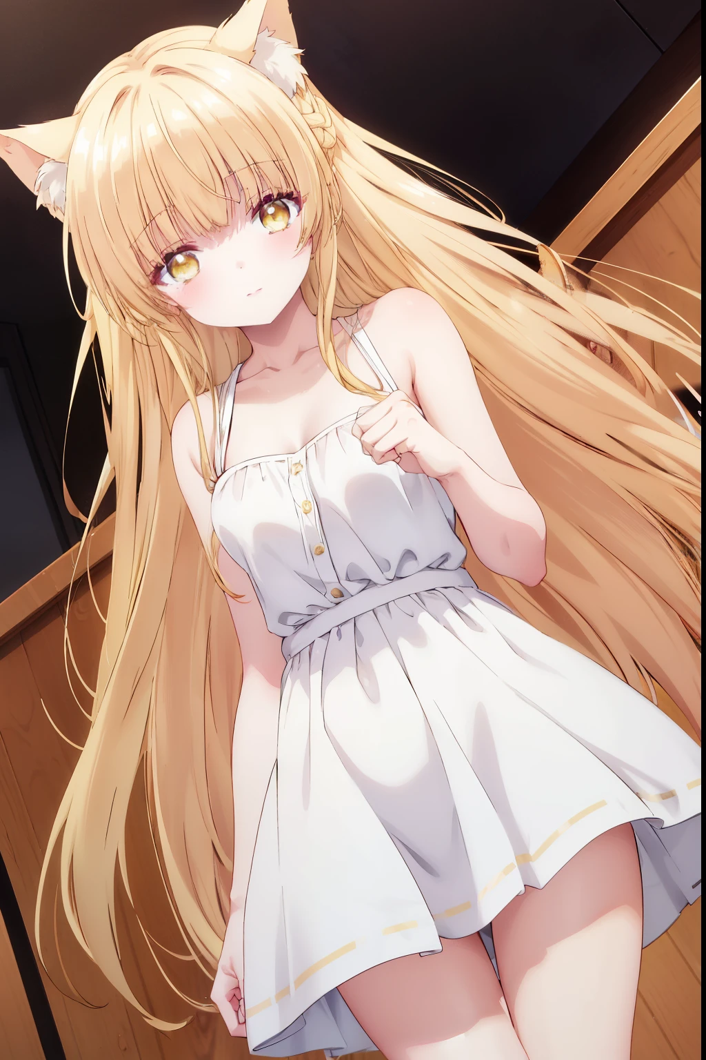Mahiru shiina, , blonde, (Yellow Eyes:1.3)、Braided long hair,,blush,smile,Captivating thighs、Beautiful bare legs, Sideways armpit、Wearing cat ears、Cat&#39;s Tail、She&#39;s very clingy、Cat ears grow、Cat Pose、Seduction in bed、With a tail
（masterpiece:1.2), highest quality, High resolution, unity 8k wallpaper, (shape:0.8), (Beautiful and beautiful eyes:1.6), Highly detailed face, Perfect lighting, Extremely detailed CG, (Perfect hands, Perfect Anatomy),