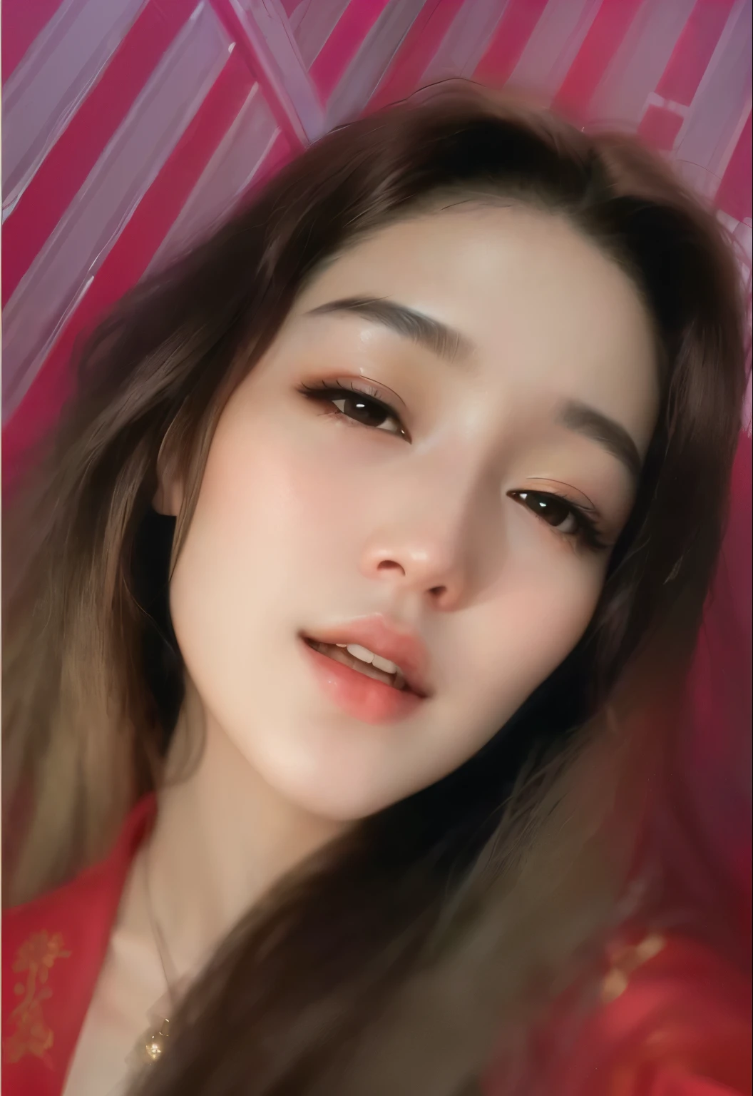 a close up of a woman with long hair wearing a red dress, 8k selfie photograph, realistic. cheng yi, xintong chen, young cute wan asian face, dilraba dilmurat, yanjun chengt, with accurate face, very very low quality, asian face, inspired by Yanjun Cheng, xision wu, sakimichan