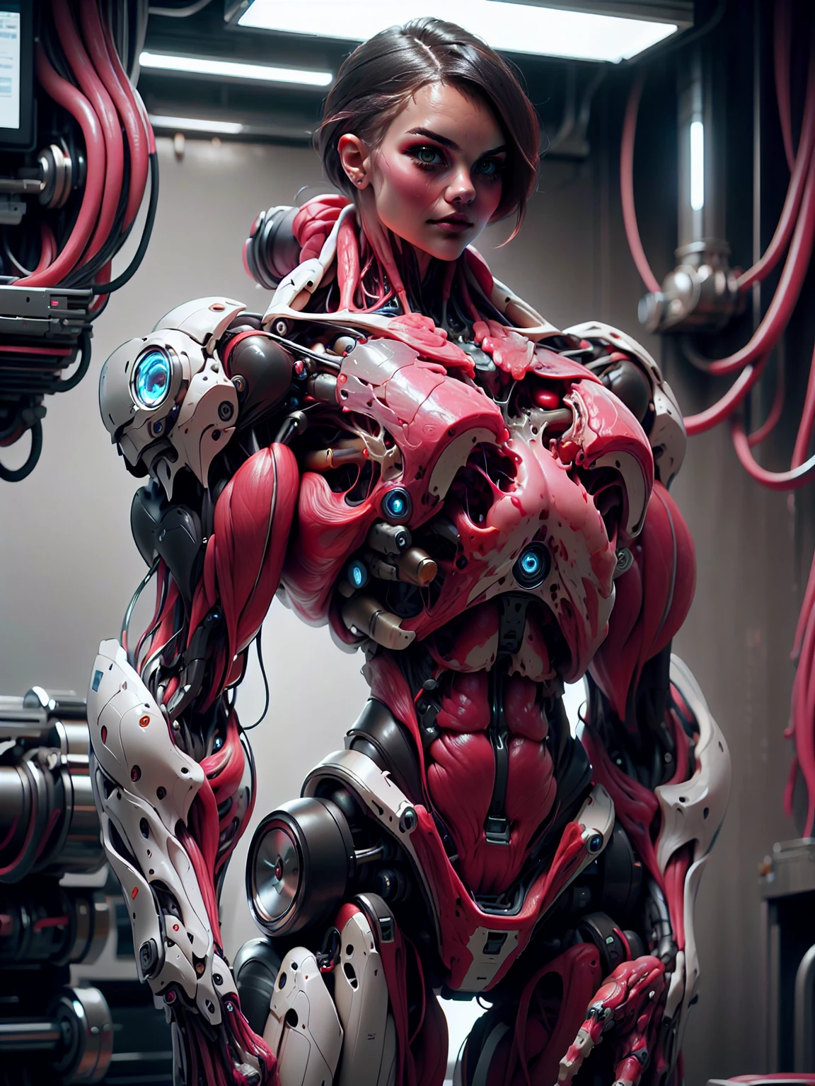 (1 girl), (cara delevingne), (muscular android girl wearing a black anatomic cybernetic muscle suit:1.25), (wide shoulders:1.25), (muscular defined physique:1.25), perfect hands, long hair, large breasts, looking at viewer, high resolution image, extreme detail, blank background