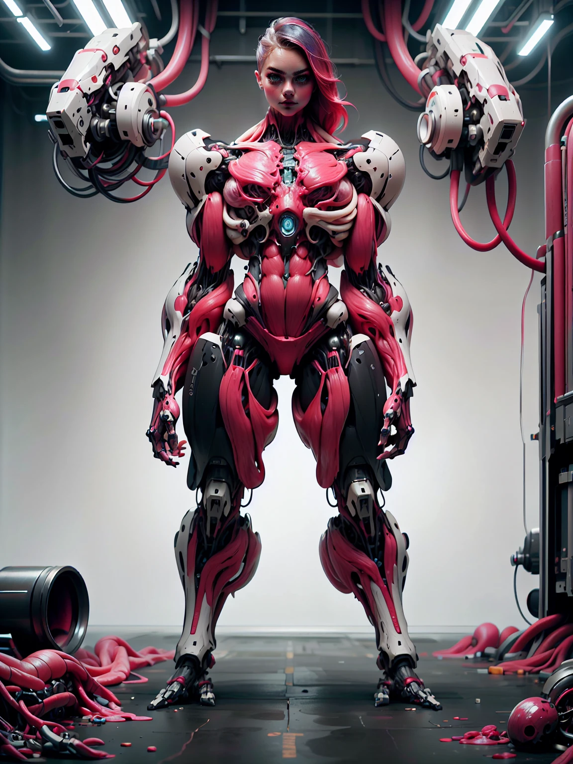 (1 girl), (cara delevingne), (muscular android girl wearing a black anatomic cybernetic muscle suit:1.25), (wide shoulders:1.25), (muscular defined physique:1.25), perfect hands, long hair, large , looking at viewer, high resolution image, extreme detail, blank background