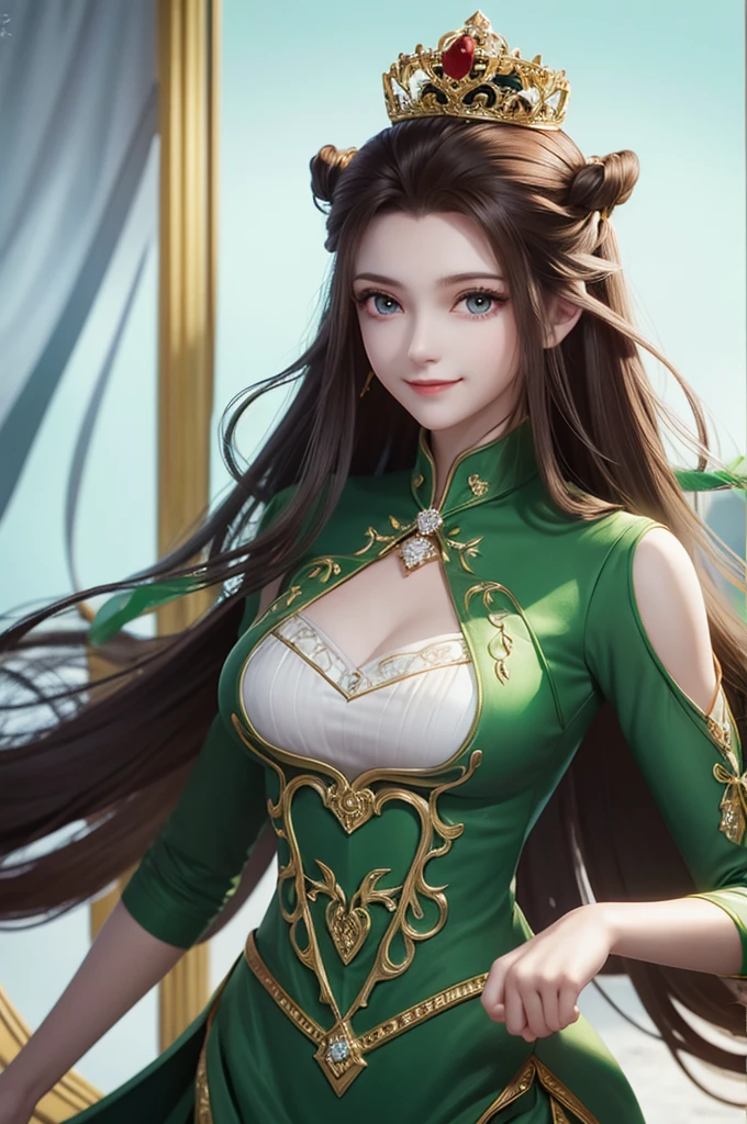 1woman, green suit, as queen, crown, smile, red eyes, white long hair,