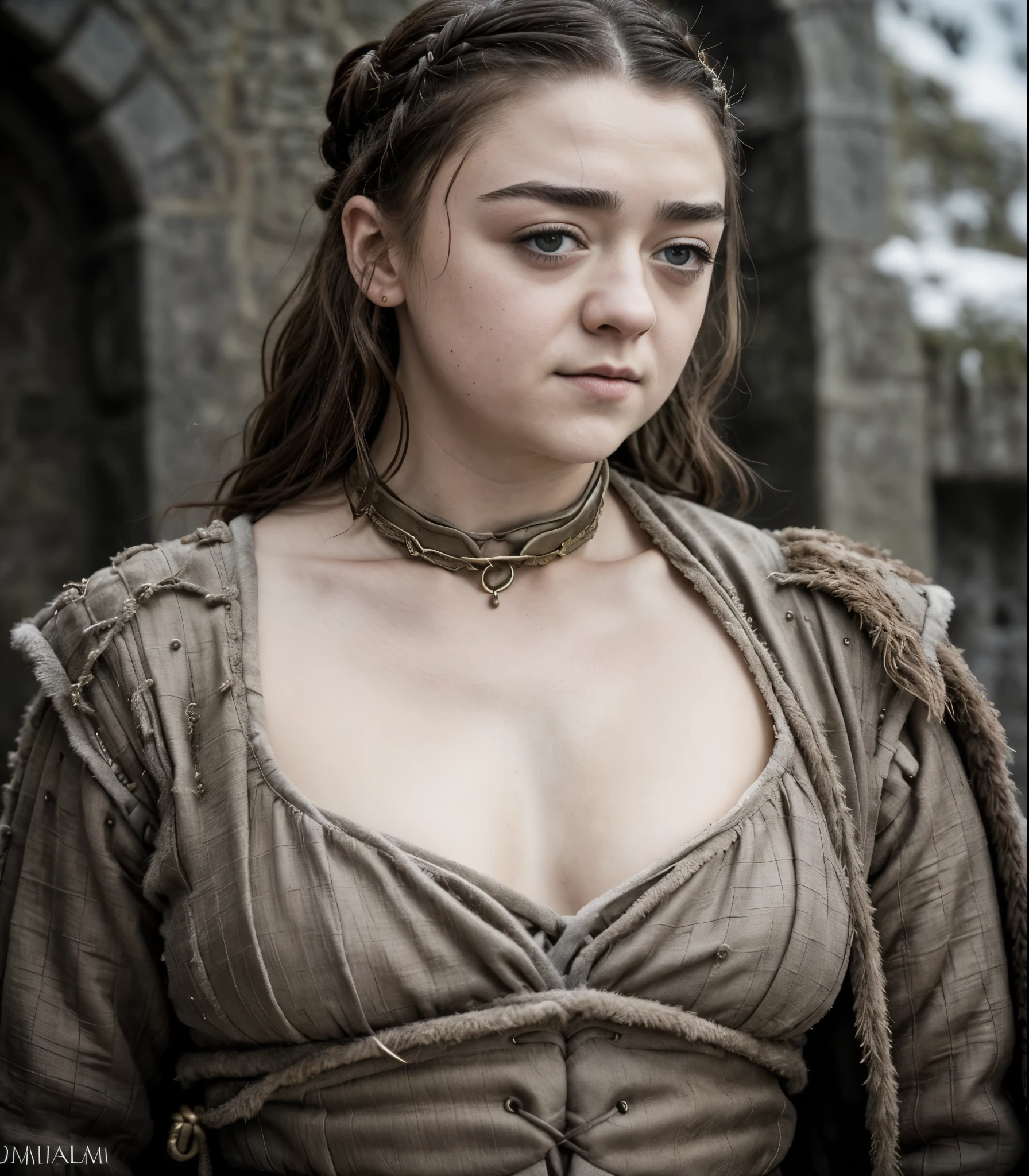 Foto RAW, RAW photograph of Maisie Williams, Arya Stark, Extremely gorgeous lady, Arya Stark PLAYED BY MAISIE WILLIAMS, Queen Arya Stark, she a mature woman now, milf, sexy mediaeval battle dress, gladiator woman, body, 40 years old Woman,styled hair, fantasy movie character, body revealing costumes, perky breast, skin pores, big natural breast, erotic costumes, lusty physique, seductive figure can capture every people's attention, Game of thrones costumes, revealing captivating figure, Mediaeval costumes, revealing clothes, A tomboy, she would rather fence than dance, warrior queen , game of thrones screen caps, Game of Thrones Series, (pele altamente detalhada: 1.2), 8k UHD, DSLR, soft-lighting, alta qualidade, grain of film, Fujifilm XT3, flawless picture, highly detailed, detailed Beauty, intricate, 32k, sharp picture,