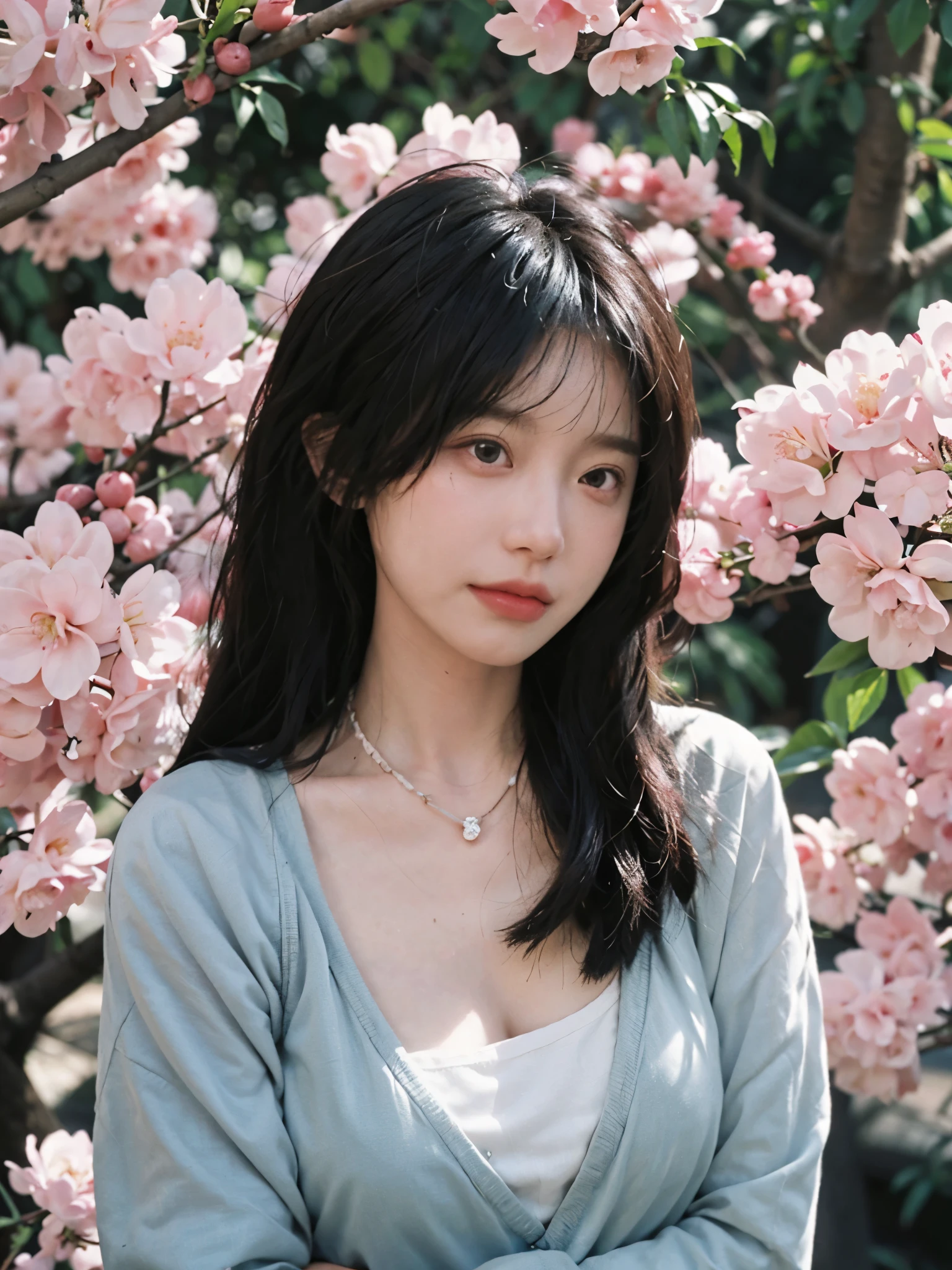 best quality, ultra high resolution, (realistically:1.4), Cute tiara,Baoyu Girl, A pair of clear and charming peach blossom eyes,Royal sister,The sun shines on the face,Double tail,(in the cherry blossom tree:1.4),(necklace:1.2),(White skin:1.4),(Full body female love:1.2)a sense of atmosphere,a beautiful girl,Looking directly at the viewer, Close-up cleavage ,(lifelike:1.4),2 girls,Sexy,(Upper body:1.4),(wet),(:1.2)