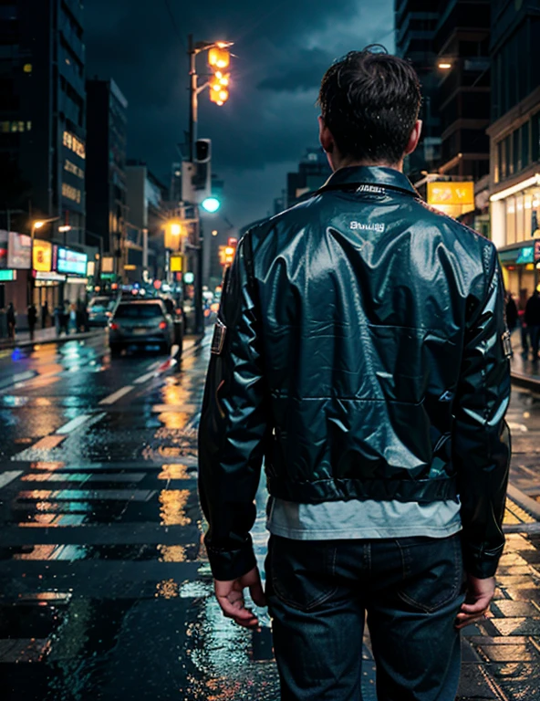 (8k, original photo, best quality, masterpiece:1.2), (Practical, photo-Practical:1.37),man,Back,City, high-rise,night, rain, wet, Photon Mapping,neon lights