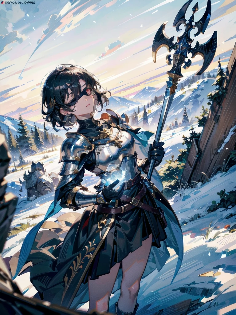 whole body, blindfold, holy paladin, spear, dark Heavy armor, absurdres, RAW photo, extremely delicate and beautiful, masterpiece, Best Quality, ultra high resolution, 32k, hyperrealistic, ultra-detailed, detailed description, pale skin, 20 years old, detailed beautiful face and eyes, tearful mole, earring, Colossal tits, short medium hair, wavy hair,