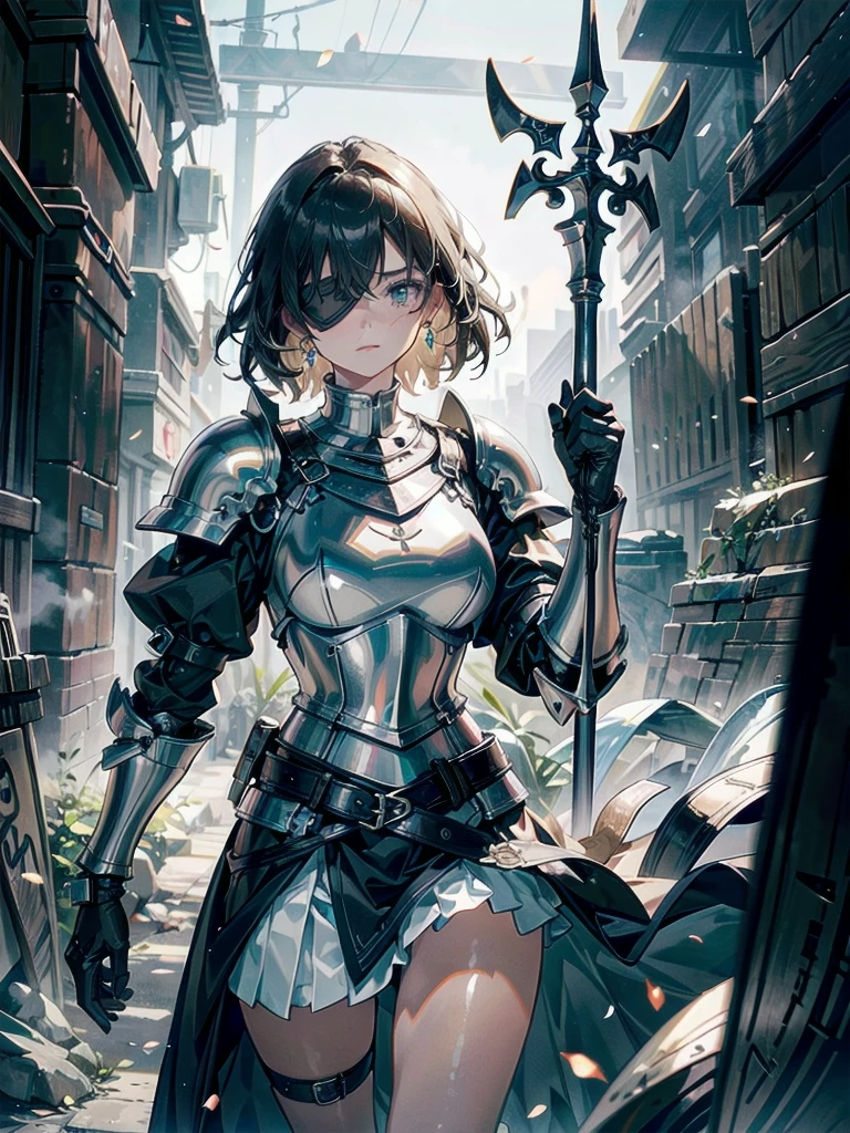 whole body, blindfold, holy paladin, spear, dark Heavy armor, absurdres, RAW photo, extremely delicate and beautiful, masterpiece, Best Quality, ultra high resolution, 32k, hyperrealistic, ultra-detailed, detailed description, pale skin, 20 years old, detailed beautiful face and eyes, tearful mole, earring, Colossal tits, short medium hair, wavy hair, 