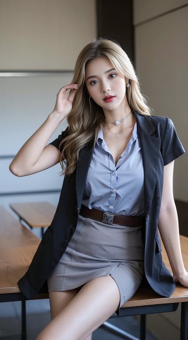 (8k,high resolution,Masterpiece, best quality, alone, complicated details, Chromatic aberration), realistic, ((Moderate breath)), hair in one eye,purple eyes, round hoop earrings, sharp eyes, Choker decorated with diamonds, (symmetrical eyes),(Perfect symmetrical body),Photo of a beautiful 21 year old age girl.,(fit the body), ,Beautiful and charming with contemporary fashion paintings as well....., looking at the audience, ((Behind the scenes of a large classroom)), (black short skirt), ((The young woman wore a form-fitting white short-sleeved shirt.., Unbuttoning the buttons, Revealing a little breast..)), ((A short black pencil skirt with a deep slit on the side...)), belt, ((Put your hands down.)),blonde hair, Bob, long hair, Side flatness,,blonde hairทองแดง, sit, sharp eyeliner, Blush eyeshadow with thick eyelashes, Very delicate and beautiful, round chin, Sharp focus, elegant,sitบนโต๊ะเรียน ยกขาข้างหนึ่งขึ้นให้อยู่ในระดับสายตา, The legs are slightly spread apart...,dynamic gesture,((Top it off with a crisp blue lab coat.'It doesn't reach your hips..))