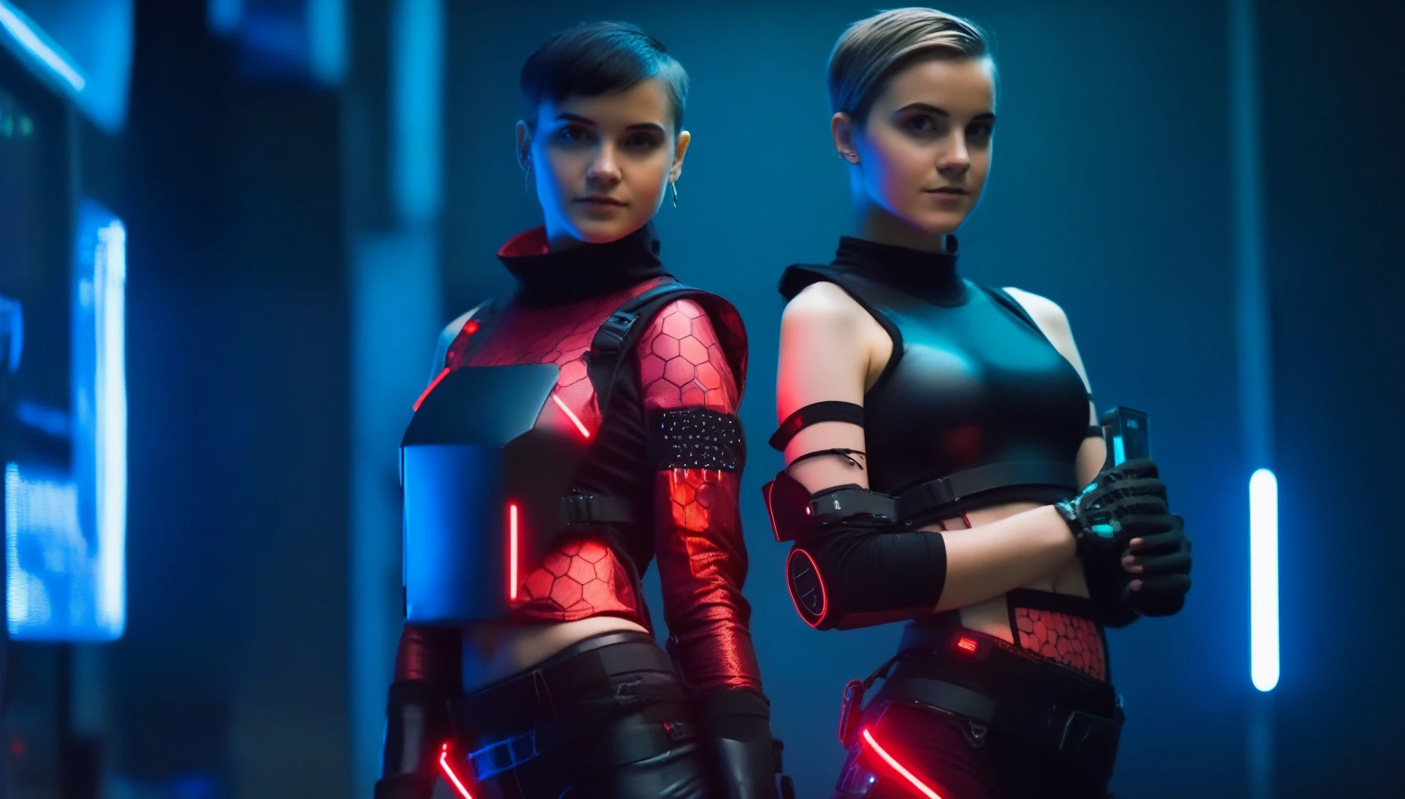 Two young female hackers sitting in a cyberpunk hackerspace with large windows in a cyberpunk metropolis facing the viewer, right arm resting on her waist, left arm held forward holding a cyberdeck with a transparent screen, short silverwhite undercut haircut, immaculate skin, thoughtful look on her face, sweat on her skin, full lips, small breasts, legs crossed, fullbody black and red skintight cyberpunk underarmor with intricate hexagon pattern, synthetic utility vest with attached wearable computer, black leather utility belt with multimeter and some probes attached, thigh high black latex boots, cutoff gloves, no makeup, natural fingernails, emma watson, edgFut_clothing, neons, electric circuits