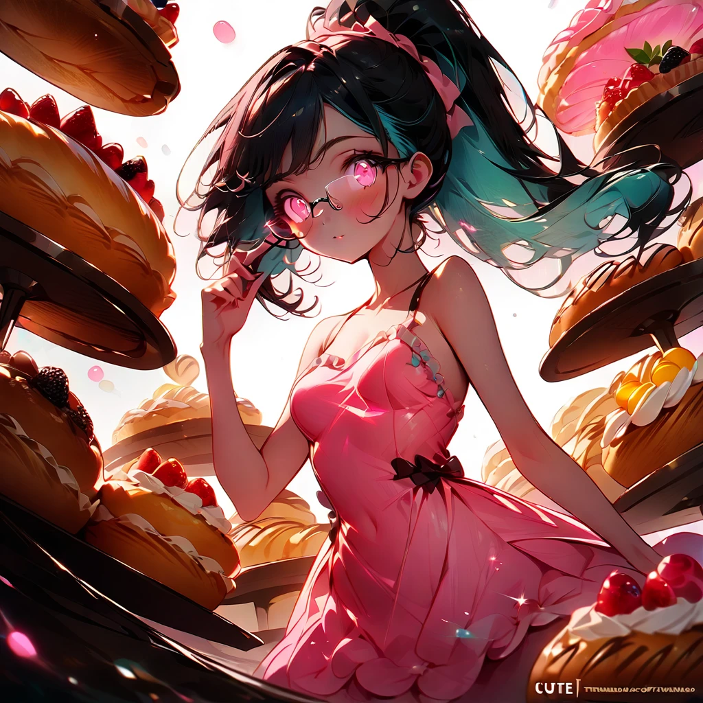 (best quality, ((trending art, trending on DeviantArt)), top quality, highest resolution, ((masterpiece)), high quality, high res, 4k), (visual effects), depth of field, [sparkle sparkle], bokeh, soft colors, [full body shot], detailed ((one girl, skinny body, medium chest, short hair, high ponytail hairstyle, dark blue outer hair, (cyan inner hair), pink glowing eyes, wears contact glasses)). (scenario working at a (((pastry shop, bakery))), pink environment, (((soft colors))), dynamic angle, ultra-detailed environment, cute puffy (candy dress)) 