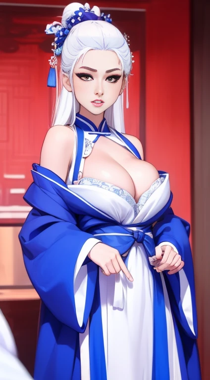 Blue and white porcelain style，Ancient Chinese Clothing，White clothing，The clothes have a blue and white pattern，Chinese Art Style，Fashion model 18 years old [[[[特写Cleavage]]]],((大breast))(((Cleavage)))) [[[[breast]]]], [[[[Cole]]]], [[[[bShoulder]]]], Perfect eyes, Perfect iris，Perfect lips，Perfect Teeth，Perfect skin，Fair skin，Soft headlight，HDR，Movie Girl，White hair，The expression is melancholy，Background with ancient Chinese interior decoration，4k ultra high definition, Ultra-high resolution, (Reality: 1.4), best quality，masterpiece，Super dilution，（Pastel colors：1.2）