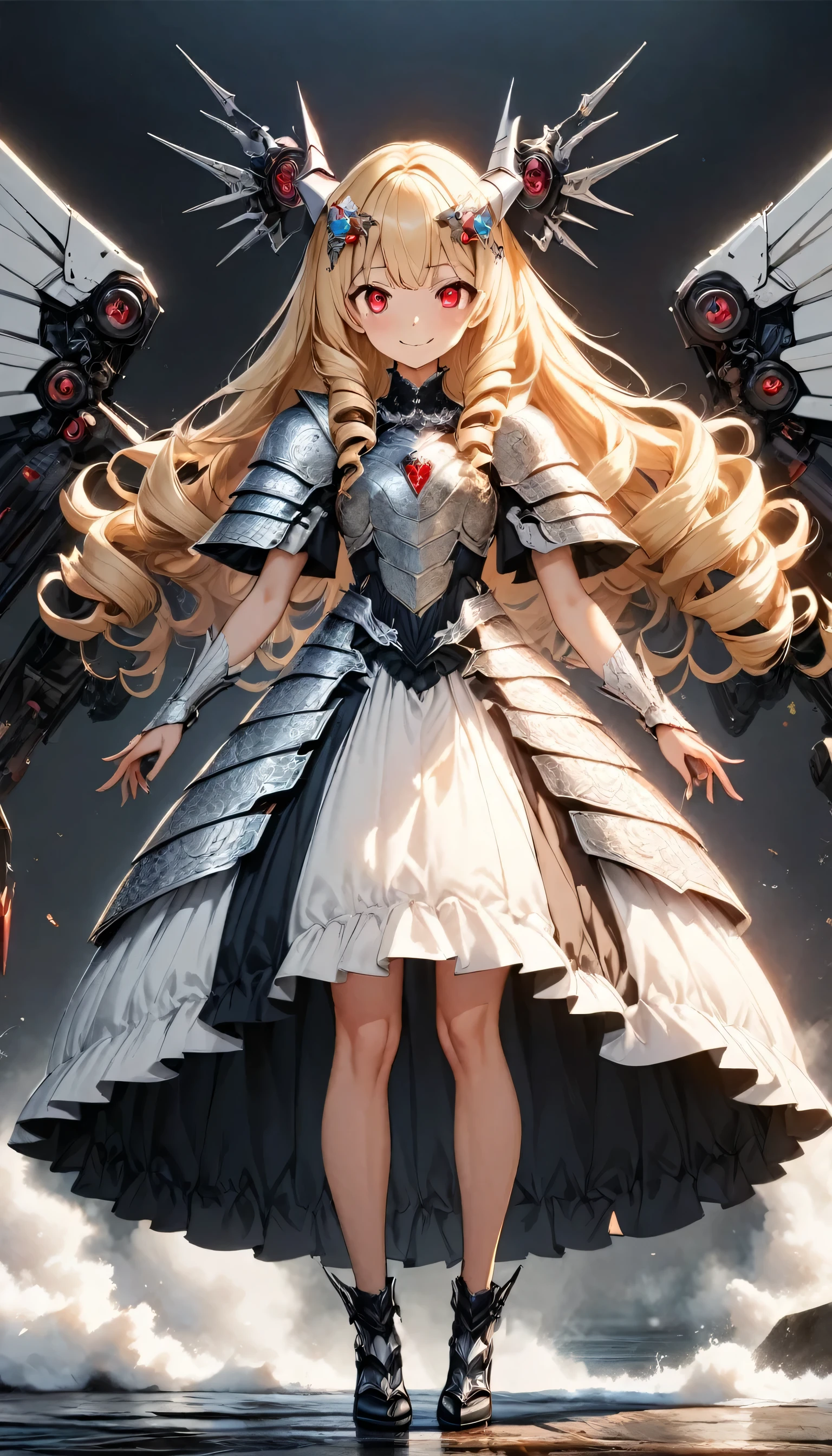 masterpiece, best quality, extremely detailed, high resolution, Japanese anime,1girl, blonde hair, (medium length hair:1.4), curly hair, wavy hair, drill hair, (mechanical horn:1.5), mechanical wing, (red eyes:1.5), (beautiful detailed eyes:1.4), laugh, 130cm tall, original character, fantasy, (black background:1.2), (full body:1.8), beautiful fingers, standing, (black white lace frill armor dress:1.5), (bejeweled headgear:1.5) , shoot from front, looking at viewer