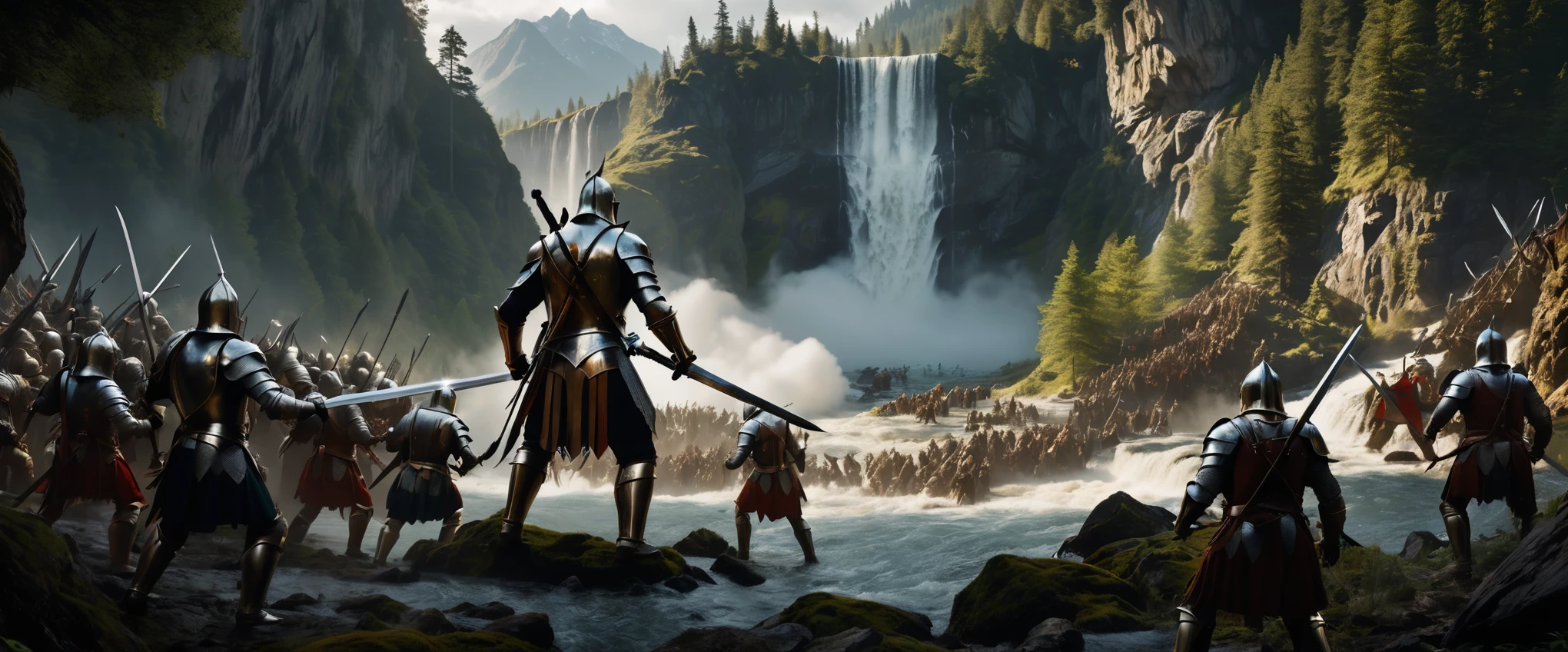 An epic battle scene, A huge beast in the forest that attacked several knights., weapon, sword, Fantasy, full armor, holding weapon, holding sword, Many people on the mountain next to the waterfall, Styled by Greg Rutkowski, ultra realistic, Masterpiece, Sharp focus, complicated, Sharp details, complicated, Highly detailed, Various colors, 8k,