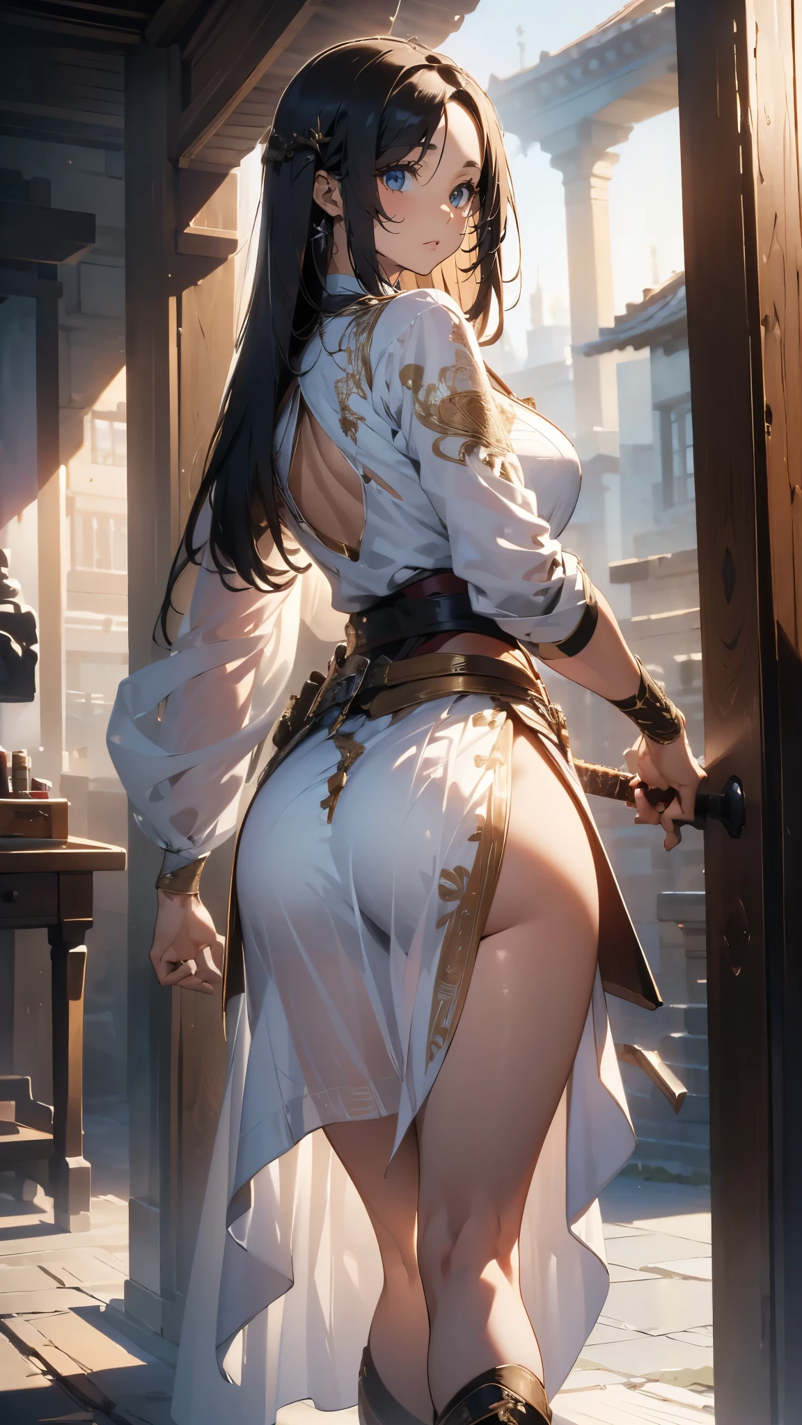 From behind,Backwards,stretch,One girl,(Highly detailed skin),Curvy,,Beautiful breasts,Large Breasts,Pale skin,Pointed Chest,Erect nipples,(Fantasy art,Best image quality,Hyperrealist portrait,(8k),Ultra-realistic,最high quality, high quality, High resolution, high quality texture,Attention to detail,Beautiful details,Fine details,Highly detailed CG,Detailed Texture,Realistic facial expression,masterpiece,Presence,dynamic,bold),Bob Hair,(Thinning hair),(Soft Hair),(Straight hair:1.5),Long, slicked bangs,Very light coppery amber hair,Hair on one eye,(Holding a sword,Leather boots,Asymmetrical armor,(White lace long dress with embroidery,See through,Lifting the hem of the dress))