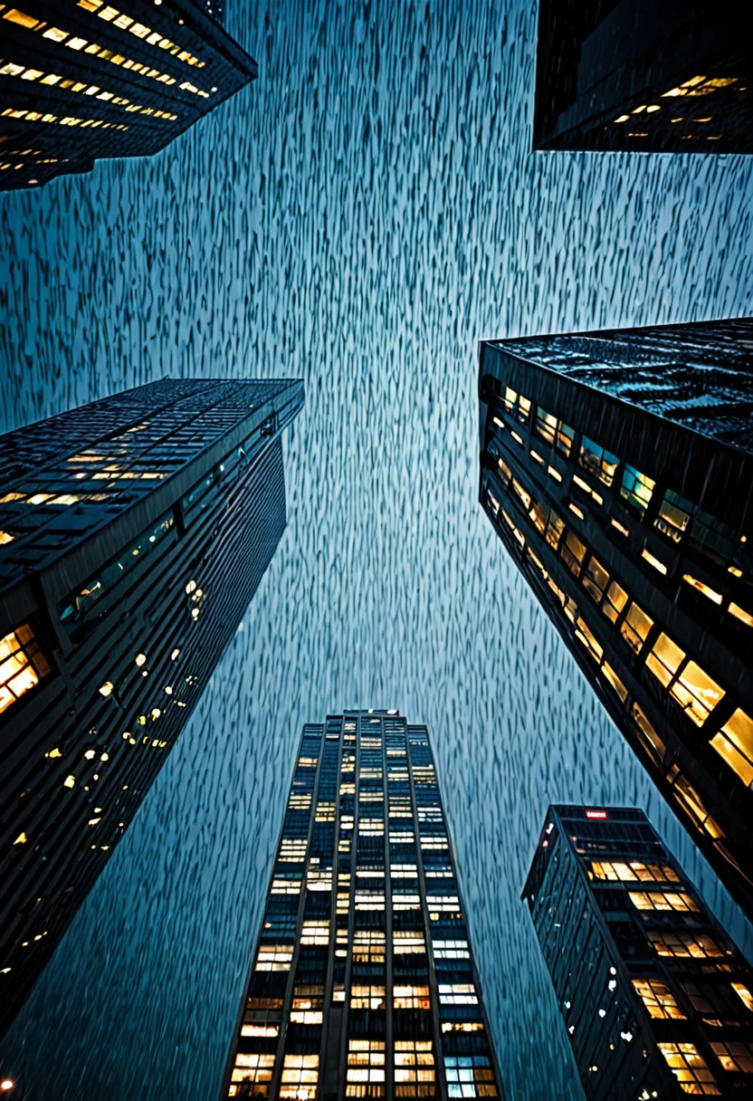 Skyscraper， Look up，rain，night，light，A small piece of sky between buildings
