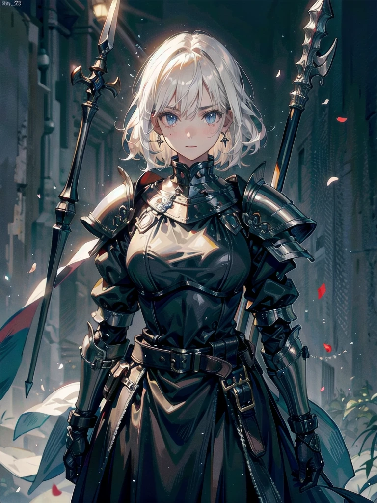 whole body, Blind Mask, holy paladin, spear, dark Heavy armor, absurdres, RAW photo, extremely delicate and beautiful, masterpiece, Best Quality, ultra high resolution, 32k, hyperrealistic, ultra-detailed, detailed description, pale skin, 20 years old, detailed beautiful face and eyes, tearful mole, earring, Colossal tits, short medium hair, wavy hair, 