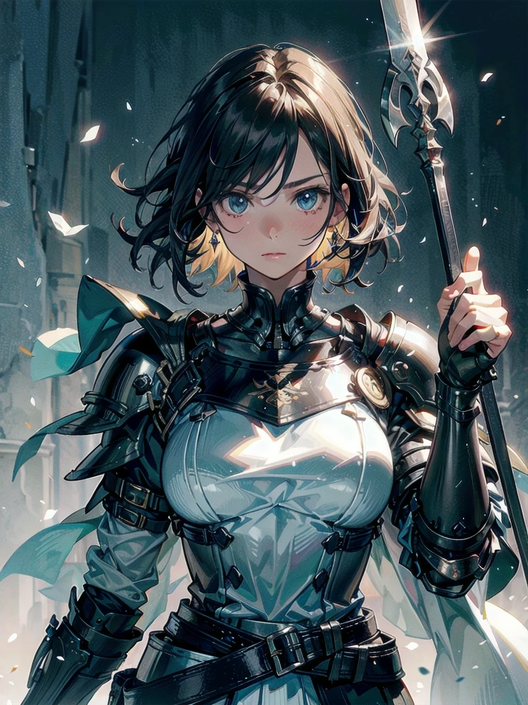 whole body, Blind Mask, holy paladin, spear, dark Heavy armor, absurdres, RAW photo, extremely delicate and beautiful, masterpiece, Best Quality, ultra high resolution, 32k, hyperrealistic, ultra-detailed, detailed description, pale skin, 20 years old, detailed beautiful face and eyes, tearful mole, earring, Colossal tits, short medium hair, wavy hair,