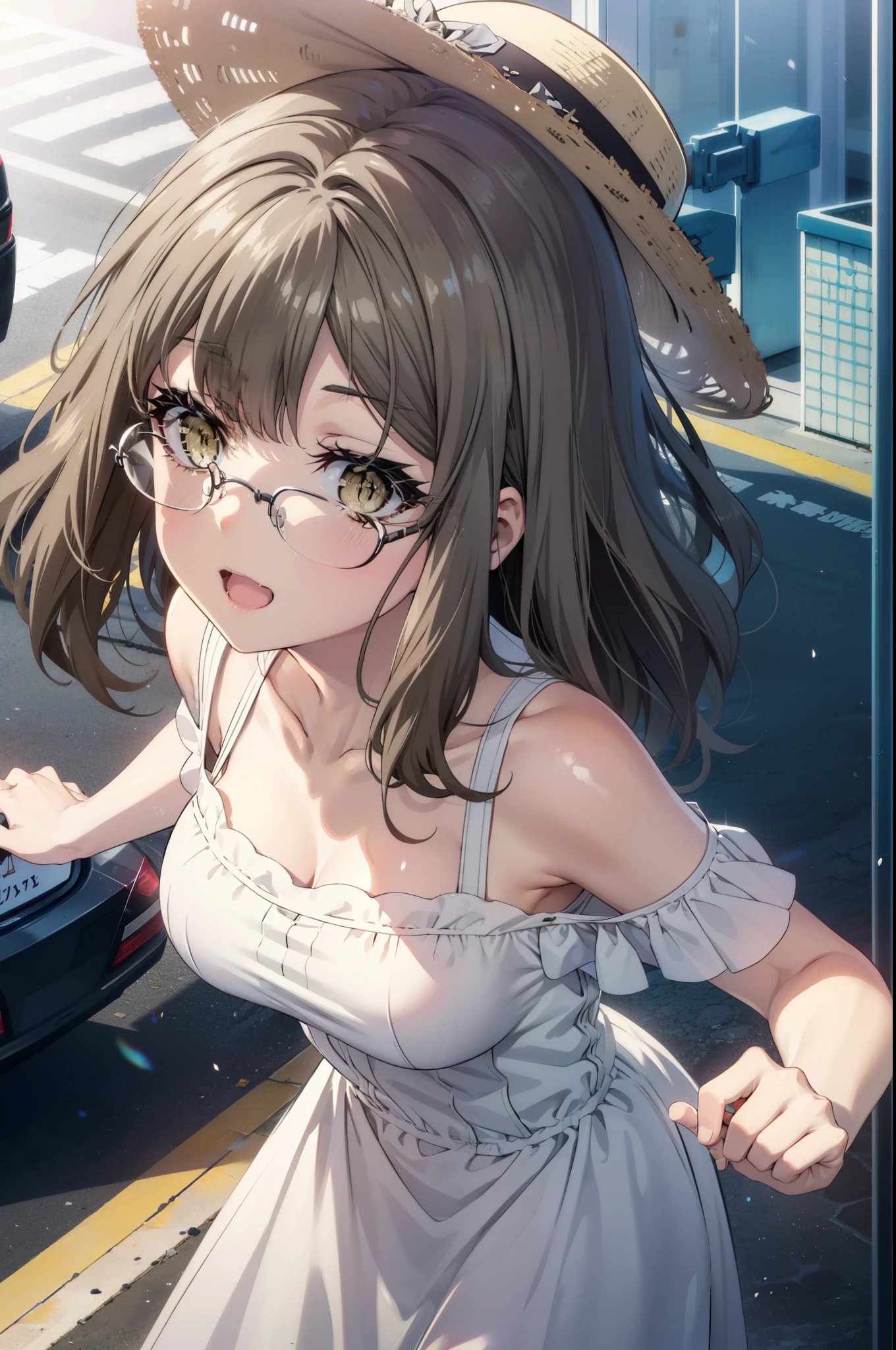 riofutaba, rio futaba, Long Hair, Brown Hair, (Brown eyes:1.5), Glasses,happy smile, smile, Open your mouth,White hat,Off-the-shoulder dress,bare clavicle,Bare shoulders,Bare neck,Long skirt,Cute heeled sandals,Real Summer,Daytime,sunny,whole bodyがイラストに入るように,crowd, people々々々
break outdoors, city,Coastal Road,
break looking at viewer, whole body,
break (masterpiece:1.2), highest quality, High resolution, unity 8k wallpaper, (shape:0.8), (Beautiful details:1.6), Highly detailed face, Perfect lighting, Extremely detailed CG, (Perfect hands, Perfect Anatomy),