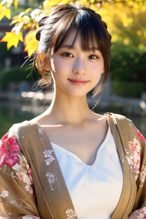 (Realistic:1.3), Rembrandt Lighting, (masterpiece:1.2), (photoRealistic:1.2), (highest quality), (Detailed skin:1.3), (Intricate details), Ray Tracing,One girl, Japanese Girls, 21 years old, Detailed skin texture, (blush:0.5), Scattered beneath the surface, smile, Updo, bangs, Hair between the eyes, hair ornaments, kimono, Floral print, Wearing edgJF_kimono, seiza (Bright sunny day, Autumn scenery, Autumn Tree々and leaves, (It was transparent:1.2)
