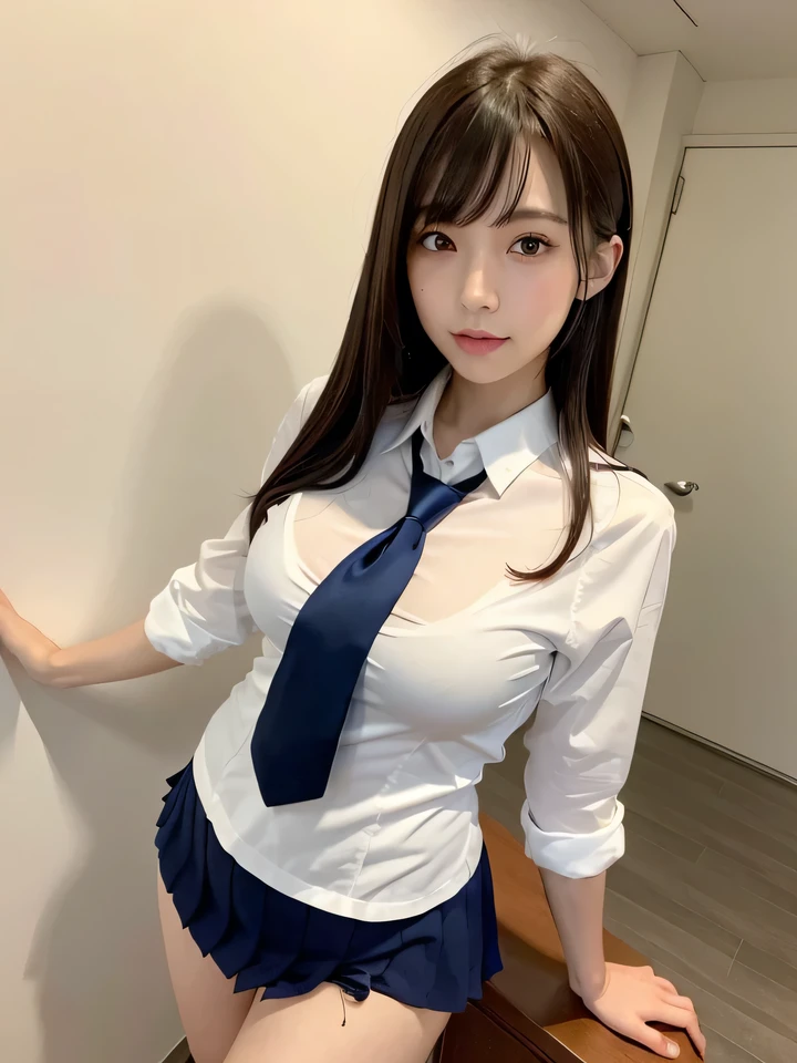 8k,、Slender body、highest quality, masterpiece, Super detailed, 超High resolution, Realistic, RAW Photos, Absurd, The absolute solution, One girl, whole body, thin、slender、Small, shapely breasts、View your viewers,Young and beautiful woman in Japan, Super cute face, Attractive person,Shapely small breasts,Long Bob Hair,smile, (Red tie、White shirt、Navy blue mini skirt:1.3),Glossy Lips, Beautiful fine details,Double eyelids on both eyes, Natural Makeup, shiny smooth light brown Long Bob Hair, Asymmetrical bangs, Shiny skin, Center image, High resolution, Attention to detail, Detailed hairstyle, Detailed face, Octane Rendering, Vibrant,sexy、 Ultra-realistic, Perfect limbs, Perfect Anatomy、Pink wall、
