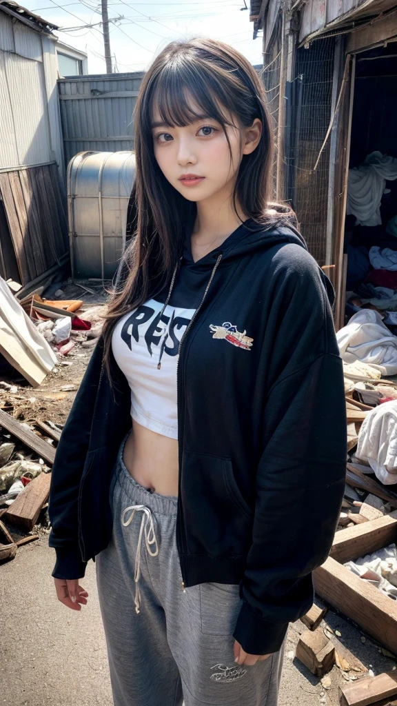 muster piece, best quality, illustration, Super detailed, fine details, High resolution, 8K,wall paper, perfect dynamic composition,(Details High quality, realistic depiction of eyes:1.3), Tattered clothes, (slum quarters), The collapsed room, Inside the barrack tent, refuge, wearing a tattered and dirty black hoodie., Wearing baggy pants, dirty body, Tragic, (Messy long hair), Layered Cut, black hair color, Big Natural Color Lip, crying a little、cold gaze, Harajuku style、20 year old girl、cute type、ta, Gravure Idol, full body photo、focus on crotch, huge breasts