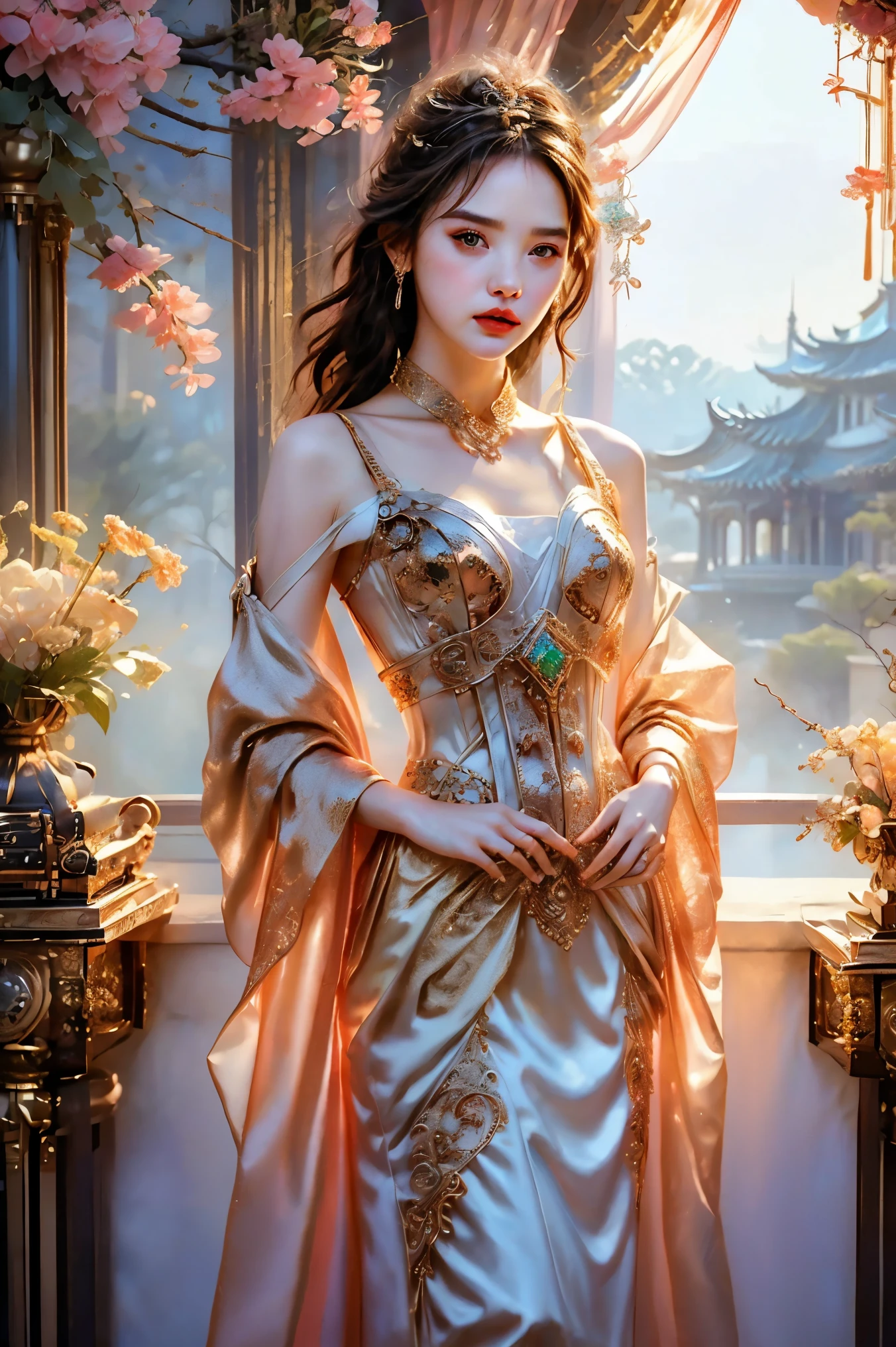 (Filigree:1.3)，(Steampunk:1.4)，1 young girl，detailed美丽的皮肤，Face focus，detailed的眼睛，Upper Body，anger，Satire，Akimbo，blaming，anger，frown，indifferent，arrogant，detailed的褶边，(Super hero)，Wet lips，gorgeous的配饰，gorgeous的配饰，silver冠，gorgeous的手镯，gorgeous的戒指，Princess，Fantasy World，palace，whole body，((miranda kerr, Gal Gadot, kendell jenner, lalisa manobal, Charlize Theron, Dakota Johnson, Emma Watson  face))，(diamond超过:1.4)，diamond，红gem，肚脐下方Tattoo，prestige，gorgeous，luxury，Royal Palace，Jewelry，gem，Money，silver，diamond，flash，蓝gem，红gem，Emerald，pearl，amber，obsidian，Tattoo，Orange Eyes，(Pelvic Curtain:1.5)，Aperture 1.4，(Length Depth:1.4), masterpiece，Best quality，detailed