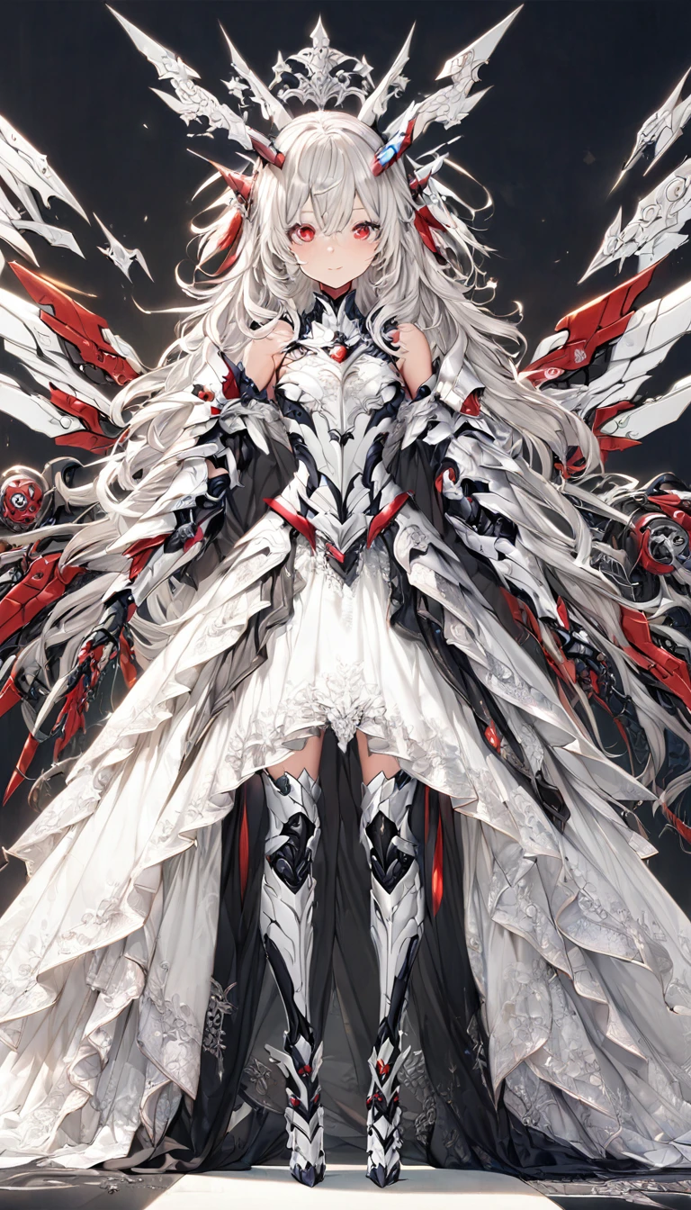 masterpiece, best quality, extremely detailed, high resolution, Japanese anime,1girl, silver hair, (medium length hair:1.4), curly hair, wavy hair, drill hair, (mechanical horn:1.5), mechanical wing, (red eyes:1.5), (beautiful detailed eyes:1.4), laugh, 130cm tall, original character, fantasy, (black background:1.2), (full body:1.8), beautiful fingers, standing, (black white lace frill armor dress:1.5), (bejeweled headgear:1.5) , shoot from front, looking at viewer