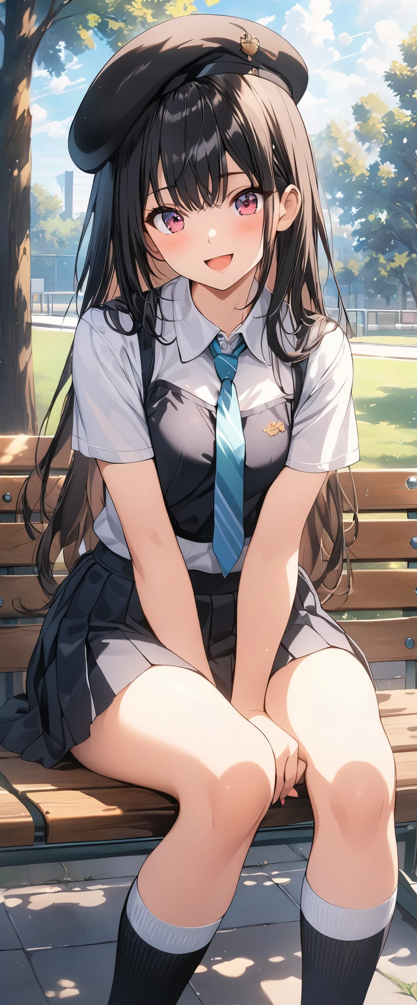 (masterpiece, best_quality), extremely detailed CG unity 8k wallpaper, super fine illustration, (anime_style), Woman posing for a photo, A shy smile, Small open mouth, Long Hair, Straight hair, Fine skin, Beautiful Hands, Beautiful fingers, Wearing a beret, tie, Small breasts, Short sleeve blouse, Pleated skirt, Thighs, Absolute area, Knee socks, Daytime, Hot summer day, School, Schoolyard, Sitting on a bench, holding Canned juice, Natural light, Detailed face:1.2, Sharp focus, Hasselblad Photos, masterpiece, light makeup, Cinematic lighting, 4k, sharpness, Anime Style, whole body, Canned juice, BREAK full body, looking at another, perfect anatomy, perfect body, (perfect arms), (perfect hands, perfect fingers), perfect legs, perfect feet, perfect toes, 5_fingers, (4_fingers,1_thumbs),