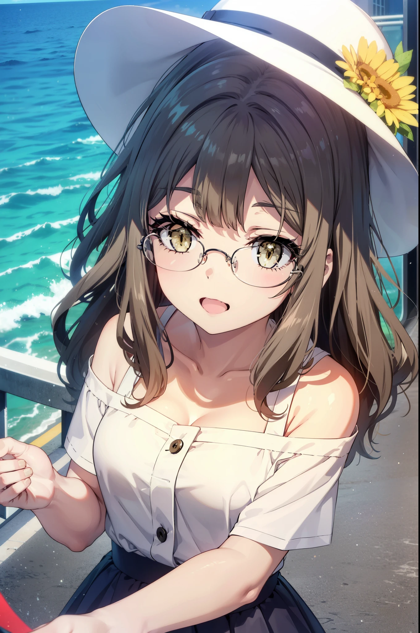 riofutaba, rio futaba, Long Hair, Brown Hair, (Brown eyes:1.5), Glasses,happy smile, smile, Open your mouth,White hat,Off-the-shoulder dress,bare clavicle,Bare shoulders,Bare neck,Long skirt,Cute heeled sandals,Real Summer,Daytime,sunny,whole bodyがイラストに入るように,crowd, people々々々
break outdoors, city,Coastal Road,
break looking at viewer, whole body,
break (masterpiece:1.2), highest quality, High resolution, unity 8k wallpaper, (shape:0.8), (Beautiful details:1.6), Highly detailed face, Perfect lighting, Extremely detailed CG, (Perfect hands, Perfect Anatomy),